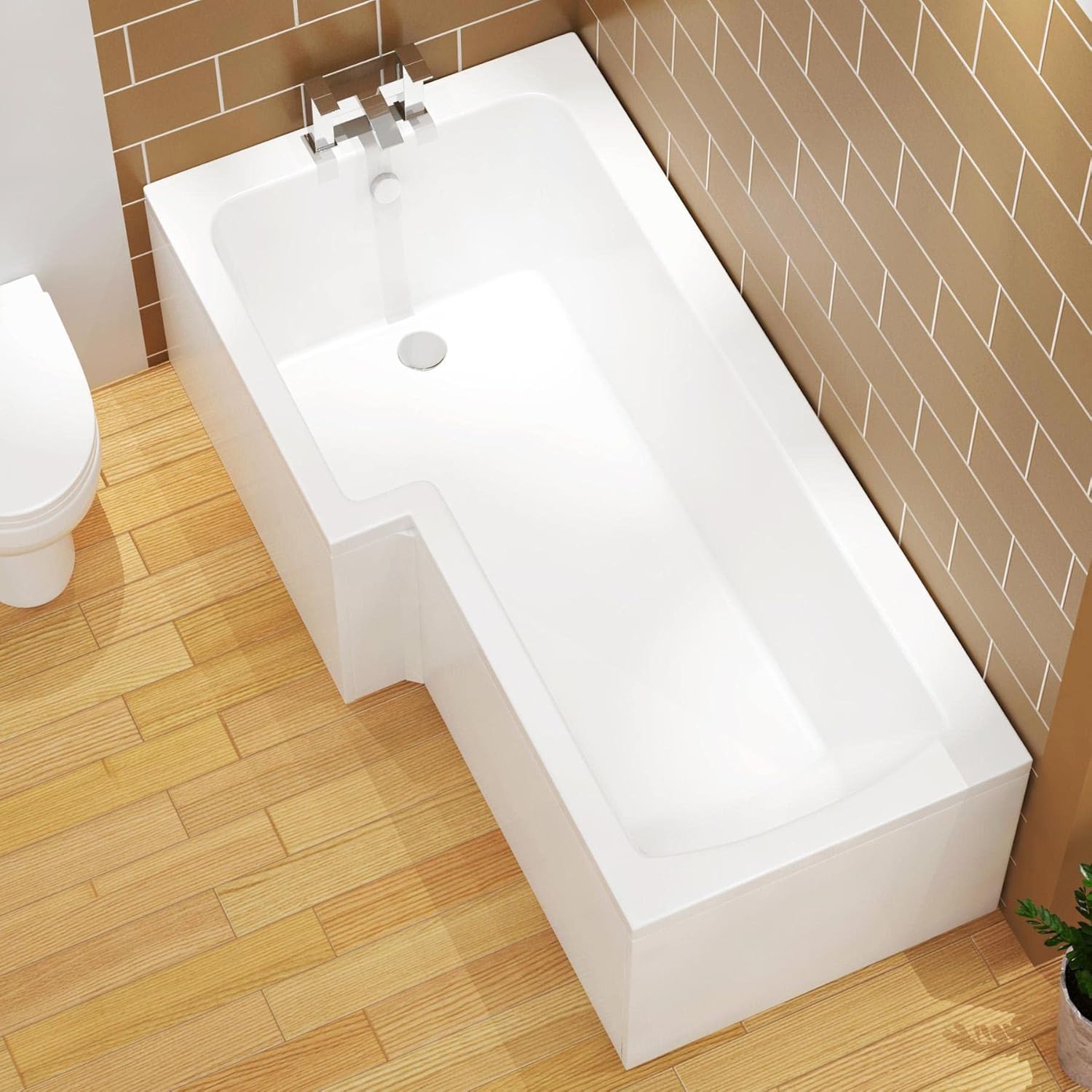 Qubix 1700 x 850mm Right Hand L-Shaped Shower Bath Bathtub with MDF Front Panel.