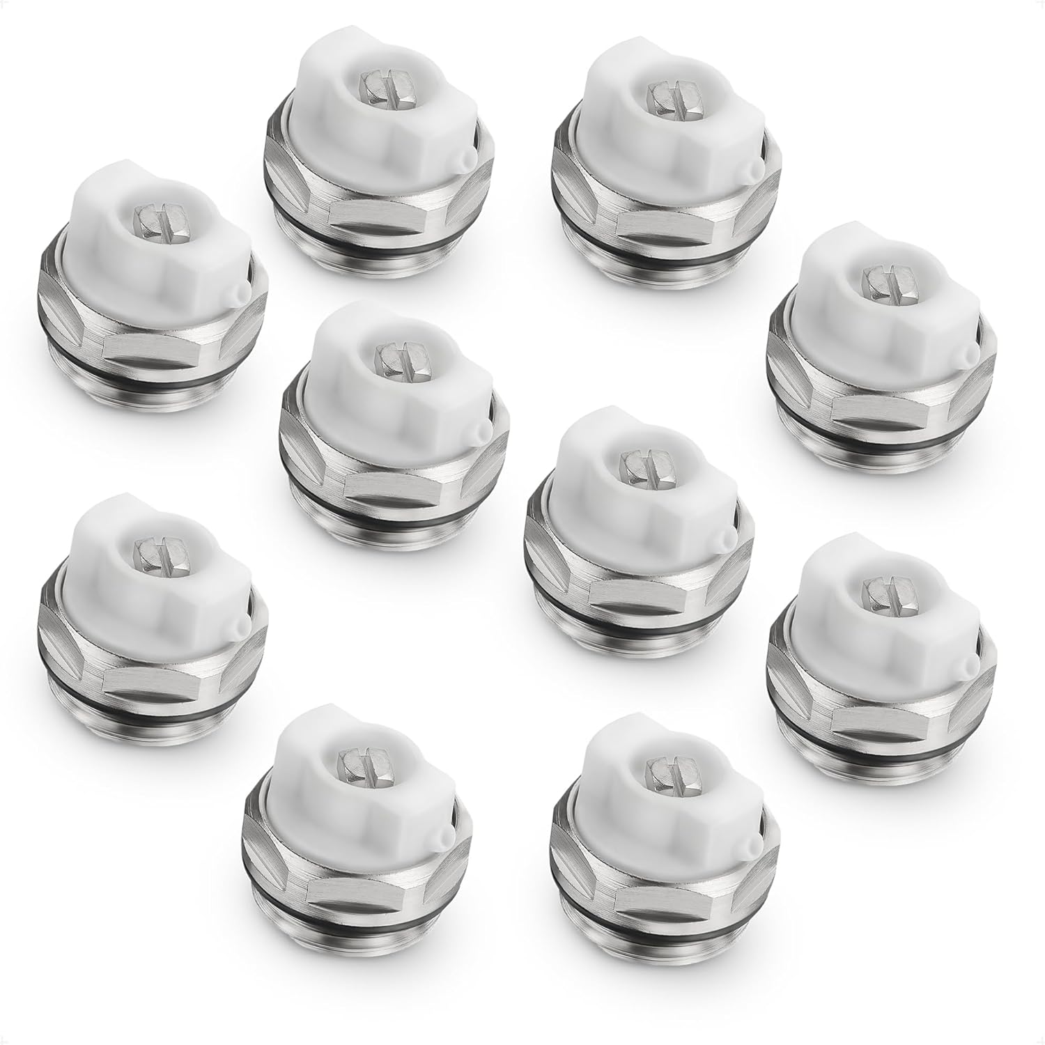 HYDROBIL Radiator Valve Air Vent 10 Pack, 1/2" BSP Male with O-Ring and White Plastic, Nickel-Plated Brass, 10 Bar, Max. Temp. 120°C Radiator Bleed Valve for Bathroom Radiators and More.