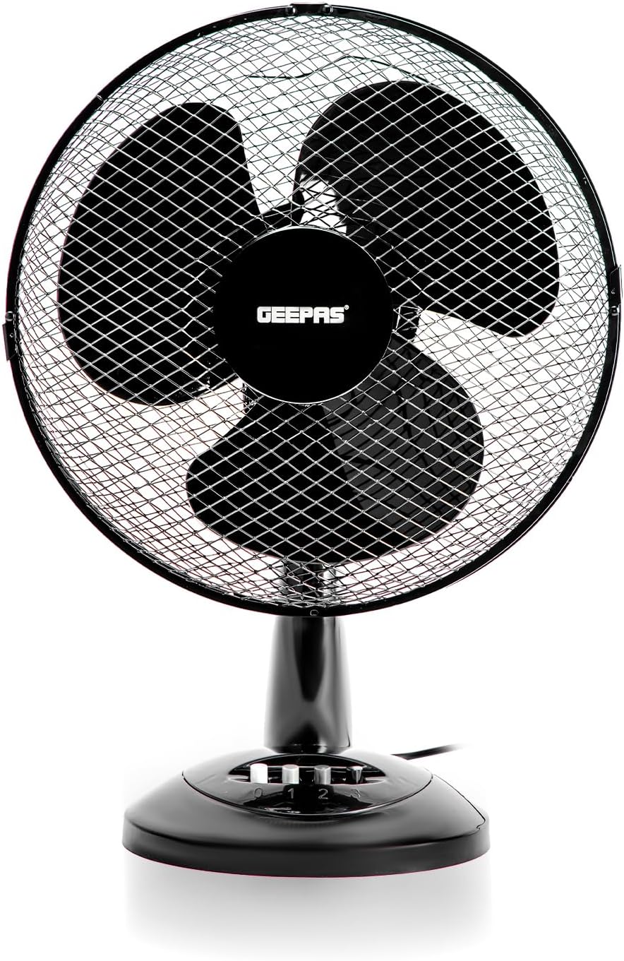 GEEPAS 12-Inch Table Fan - 40W Electric Portable Desktop Cooling Fan for Desk Home or Office Use - 3 Speed Setting with Oscillating/Rotating and Static Option - 2 Year Warranty, Black.