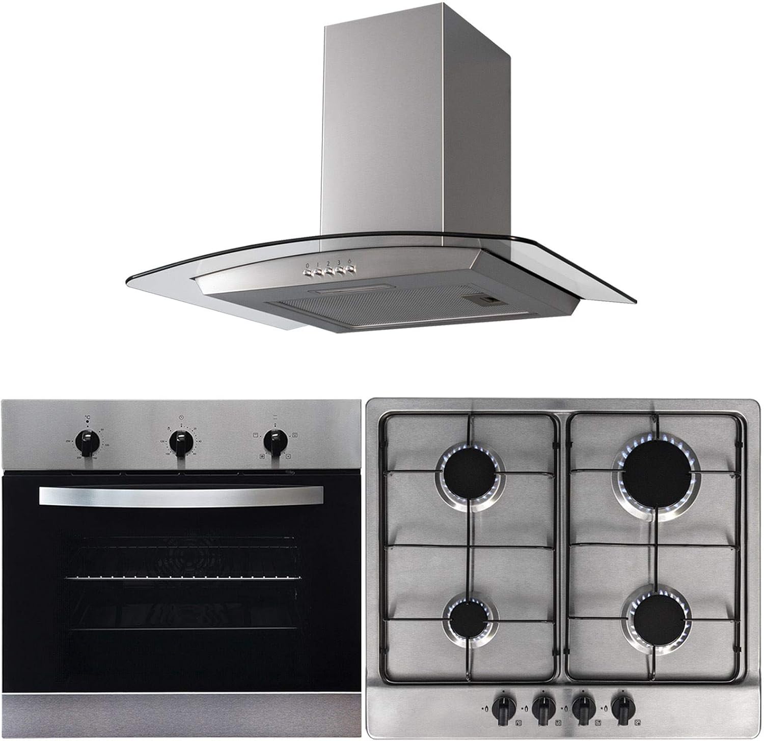 SIA 60cm Single Electric Fan Oven, 4 Burner Gas Hob & Curved Glass Cooker Hood.