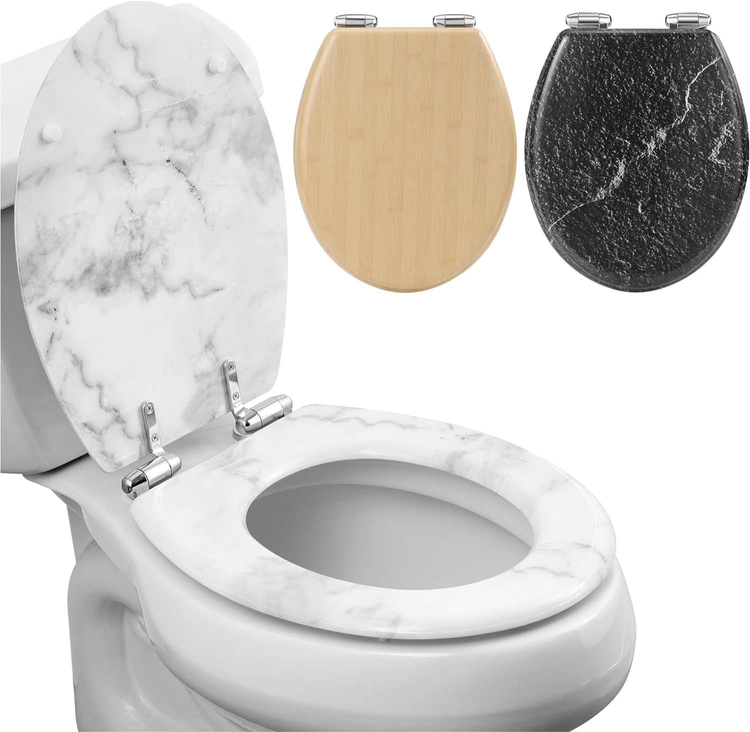 Navaris White Marble Toilet Seat - MDF Decorative Toilet Seats - Luxury Marbled Design for Bathroom Decor - 42.5 cm x 35.8 cm x 5.6 cm (16.7" x 14.1" x 2.2").