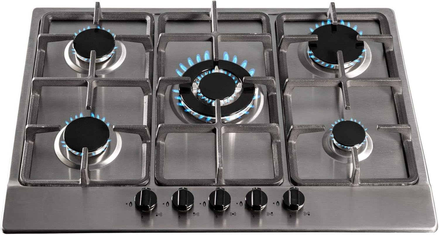 SIA 70cm Stainless Steel 5 Burner Gas Hob With Cast Iron Pan Stands & Wok Burner.