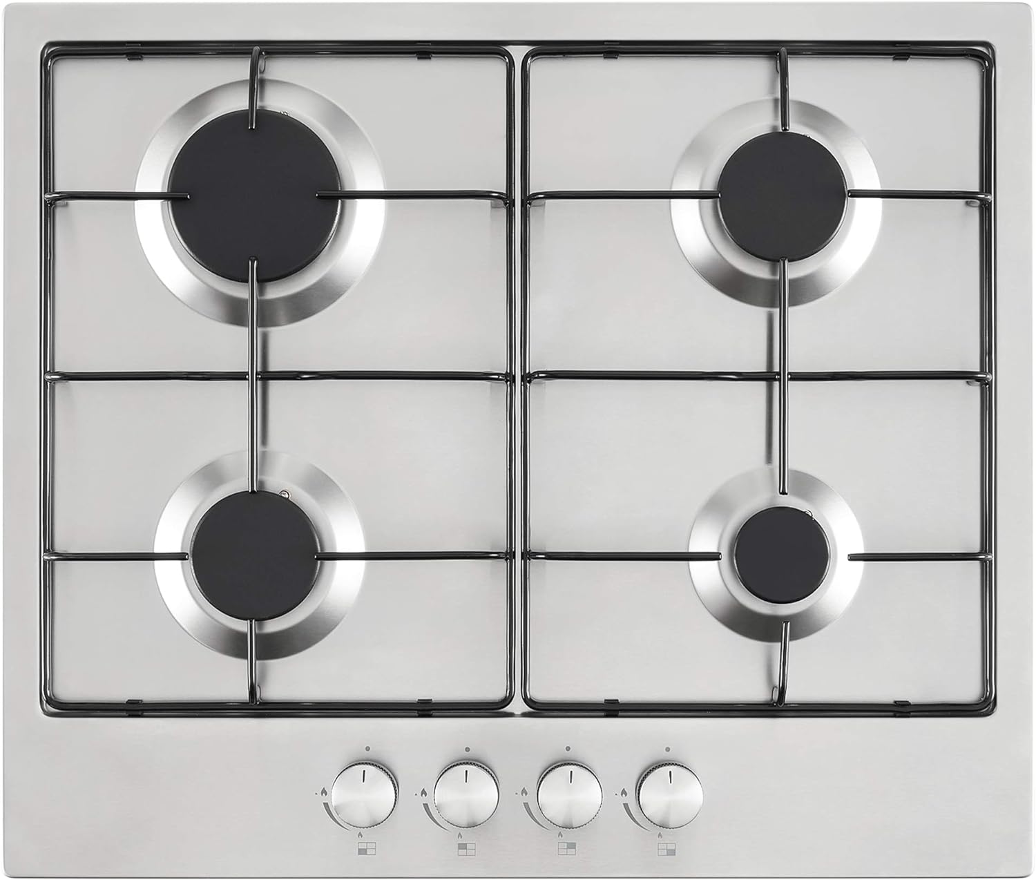 Cookology GH601SS 60cm 4 Gas Burner Cooker Built in Hob Cooktop with 4 Cooking Zones and Enamel Pan Stands - in Stainless Steel.