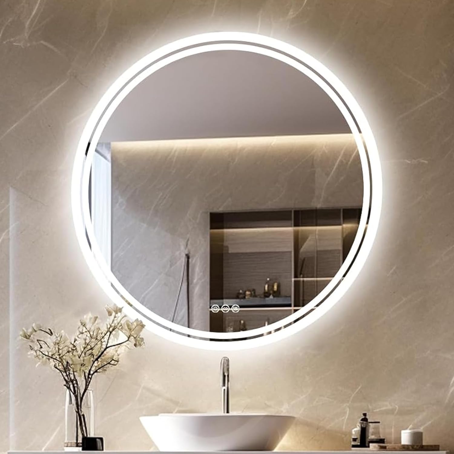 LUVODI LED Illuminated Bathroom Mirror: 800 x 800mm Round Dimmable Backlit Lighted Wall Mounted Vanity Mirror with Demister Pad + Smart Touch Button Makeup Mirror for Dressing and Shaving.