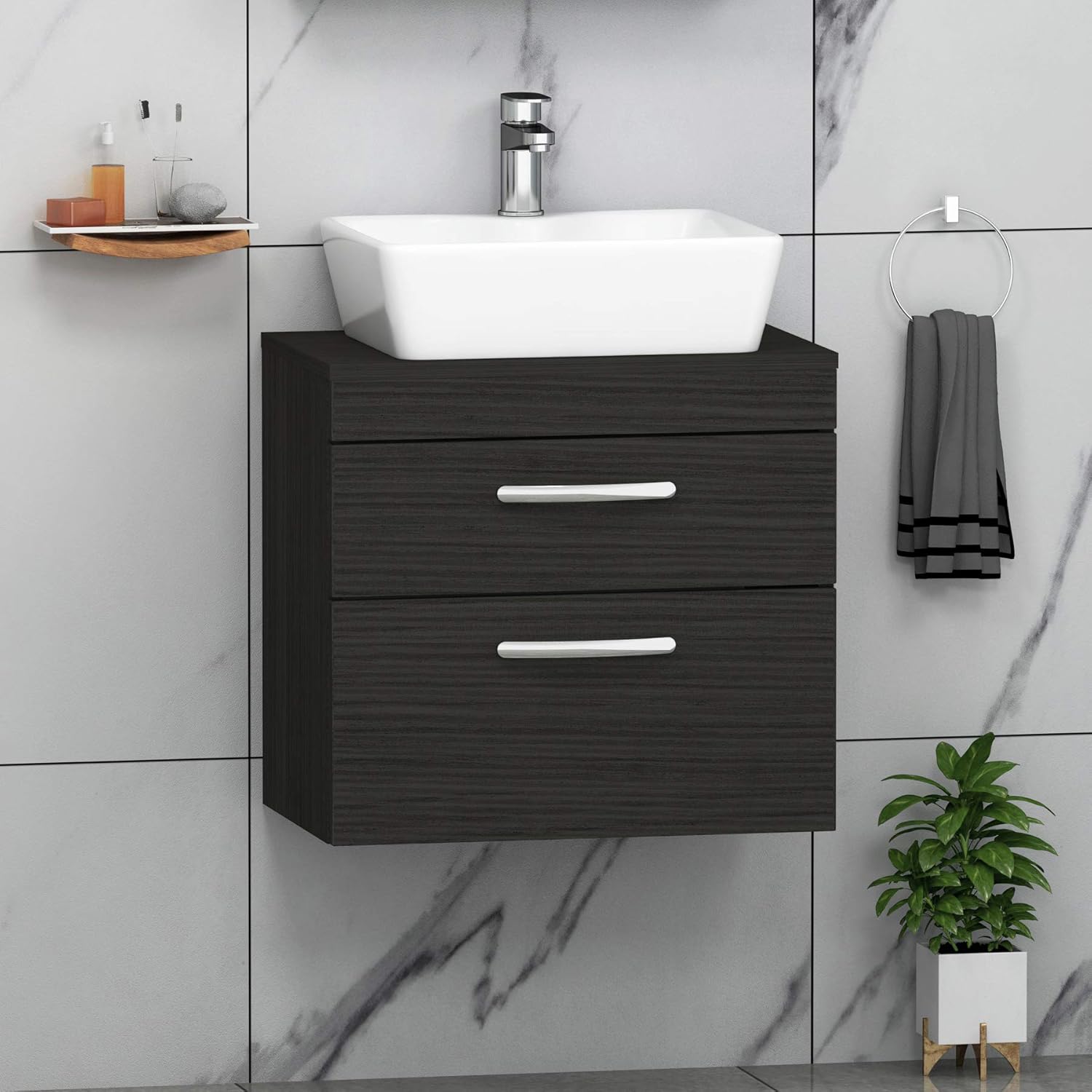 Royal Bathrooms Bathroom vanity Unit 2- Drawer Wall Hung Furniture Storage Basin Sink Hale Black 600mm.