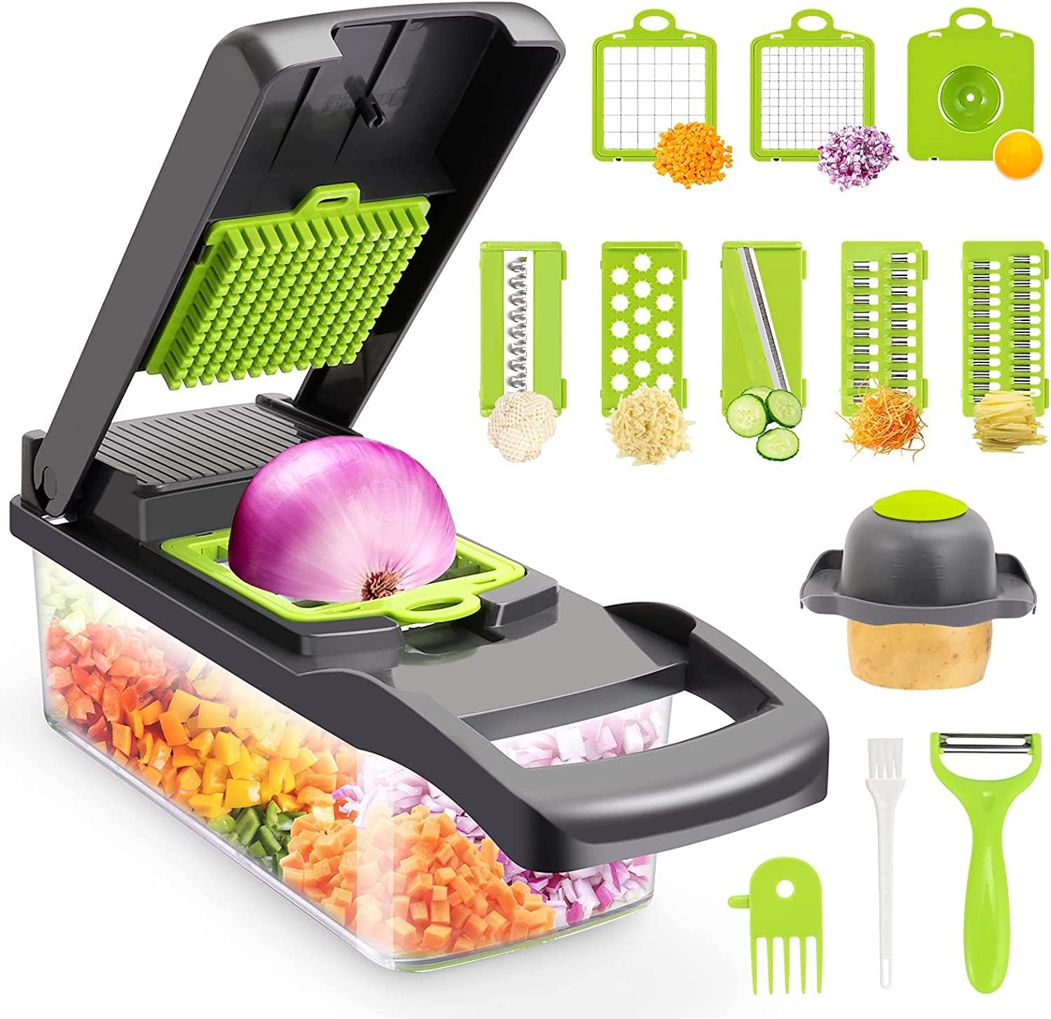 Ease8 16-Piece Kitchen Vegetable Chopper | High-Performance Mandoline Vegetable Slicer & Dicer with Stainless Steel Blades-Peeler-Hand Guard and Brushes | Veg,Onion,Salad Complete Food Cutter Set..