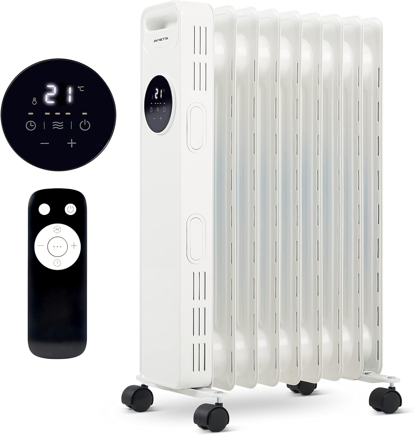 NETTA Oil Filled Radiator Heater 2000W with 24 Hour Timer, 3 Heat Settings, Remote Control, LED Digital Display, Overheating and Tip-Over Protection – 9 Fin, White.