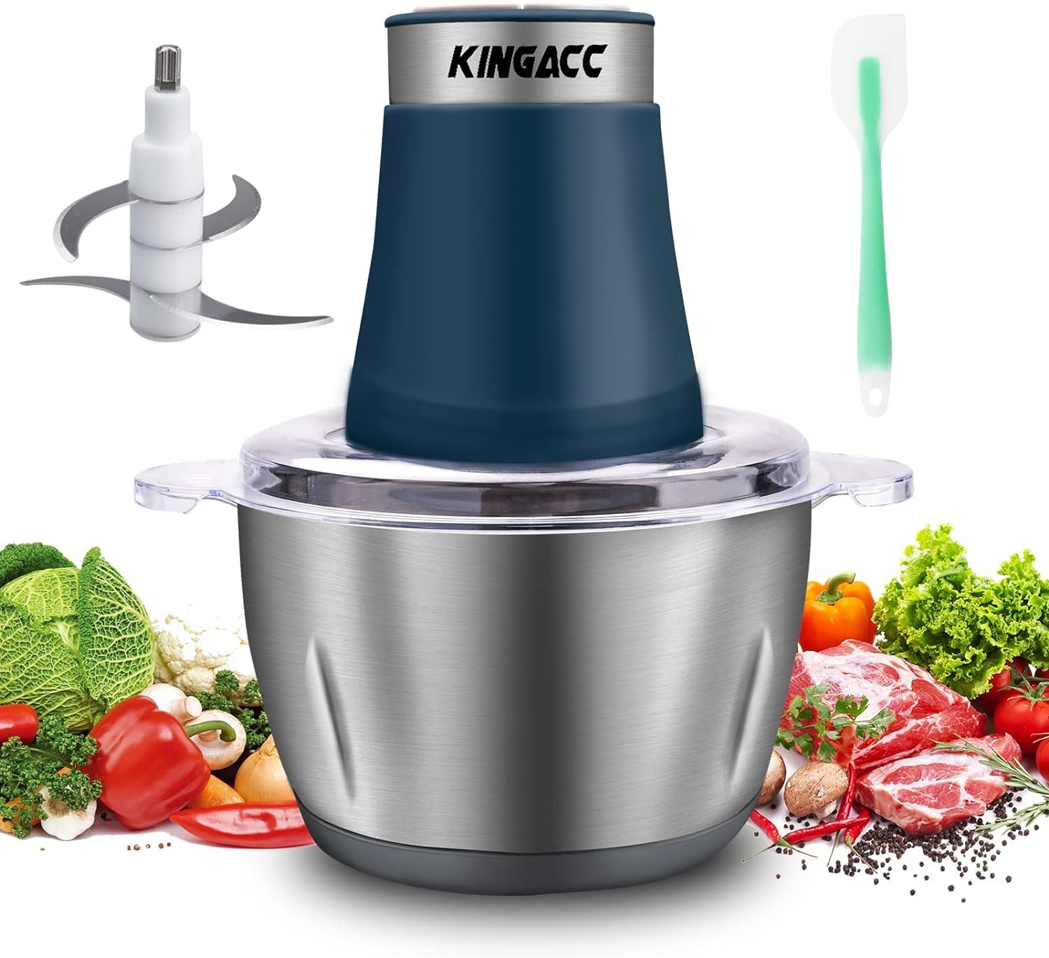 KingAcc 2L Mini Chopper with Overheating Protection,2 Speed Ajustable Electric Meat Grinder with 4 Durable Blades,Stainless-Steel Food Processor and Blender for Meat,Vegetables,Fruit Cutter(Clear Lid).