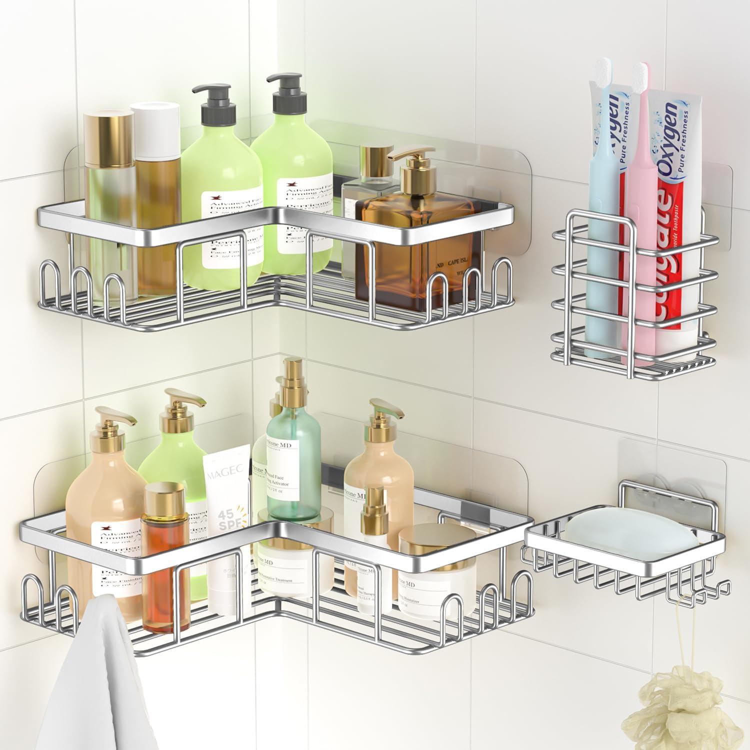 Shower Caddy, 4 Pack Corner Shelf Bathroom Storage, Bathroom Shelf Adhesive Shower Shelf, Stainless Steel Bathroom Accessory, Bathroom Shelves Organiser No Drilling, Shower Storage with Soap Holder.