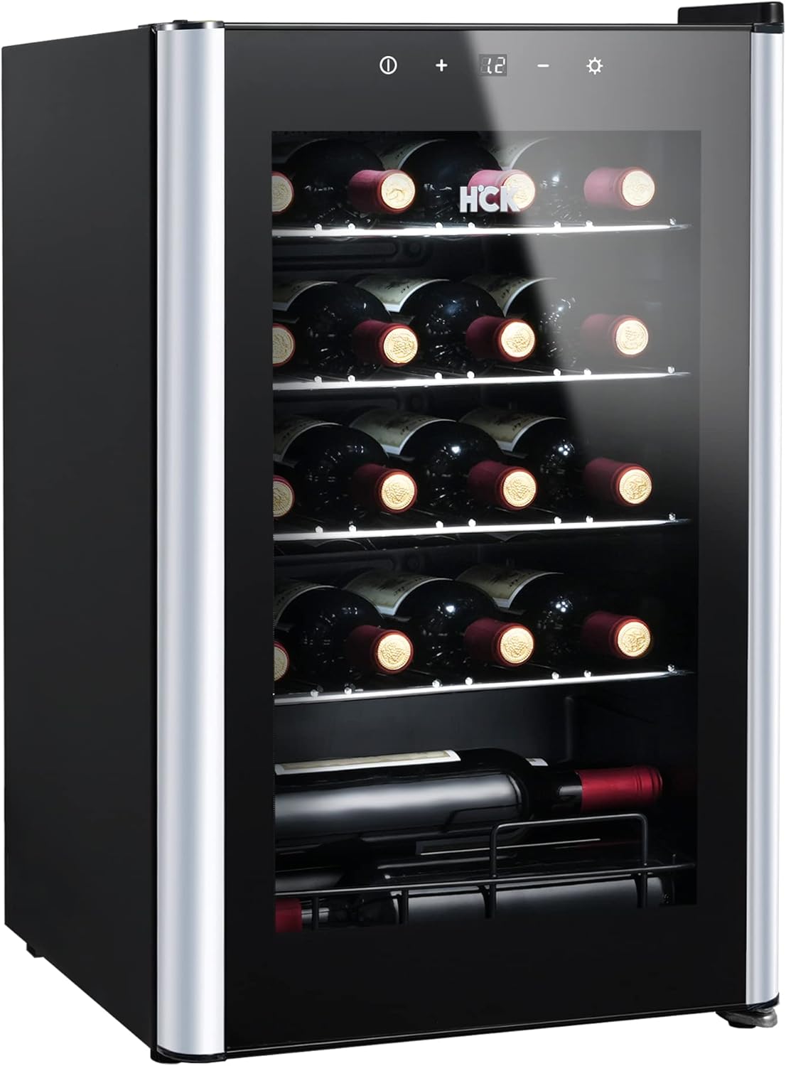 HCK 70L Wine Cooler with Glass Door 24 Bottles, Freestanding Undercounter Fridge, Quiet Wine Fridges Drinks Cabinet, 4-22°C Temperature Control with Digital Touch Screen, Single Zone, Black.