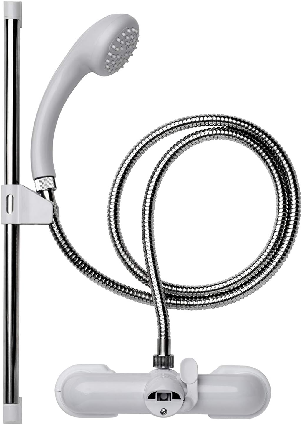 Croydex Bar Mixer Shower Set with 1500mm Flexi-Tube Hose, One Function Shower Head, Riser Rail, Easy Installation, Suitable for Round Taps, Chrome & White.