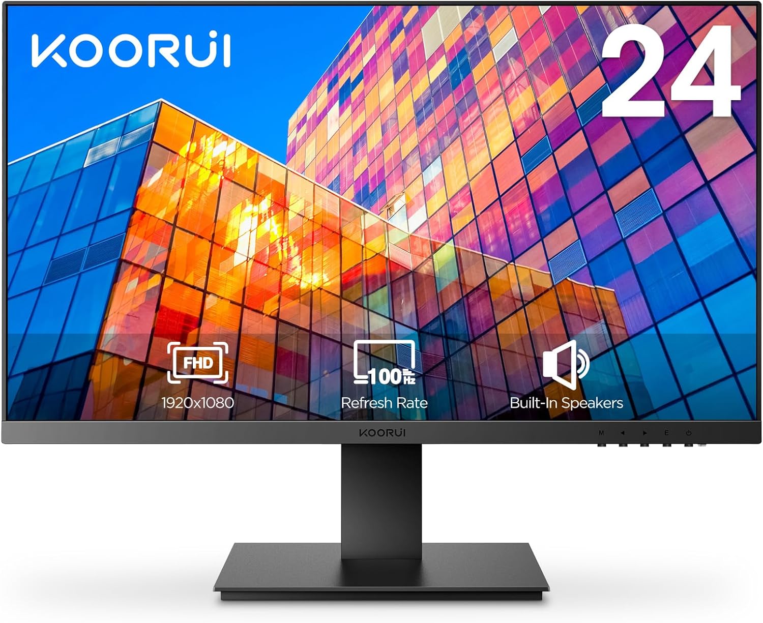 KOORUI 24 Inch Computer Monitor FHD 1920 x 1080p 100HZ, Built-in Speakers, Ultra-Slim Bezels, 75mm VESA Mountable, Tilt Adjustable, HDMI, VGA, Black.