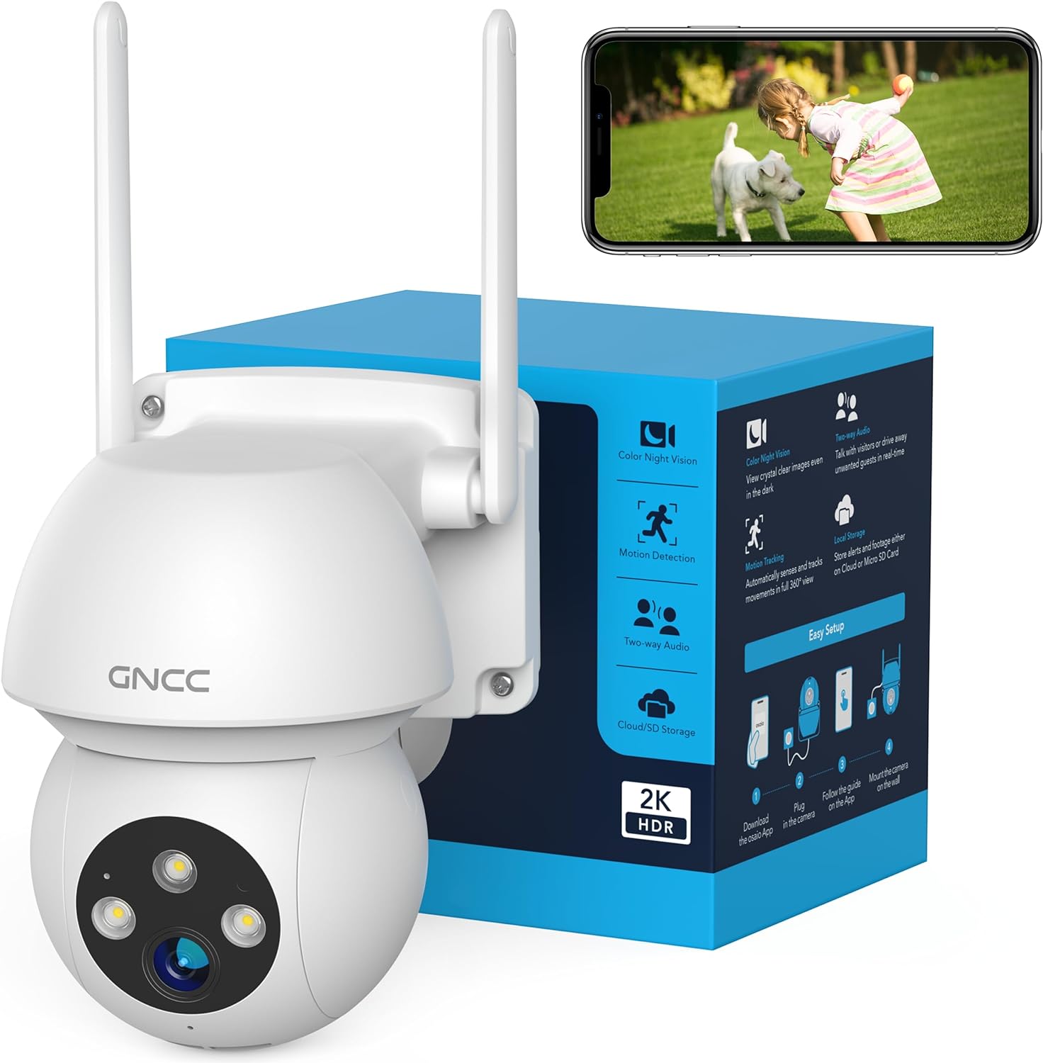 GNCC Security Camera Outdoor, Cameras House Security, CCTV Camera, 2K, 360° Auto Tracking, Color Night Vision, Pan-Tilt, Motion Detection, Lights Alarm, App Notification, 2-Way Audio, 2.4G WiFi.