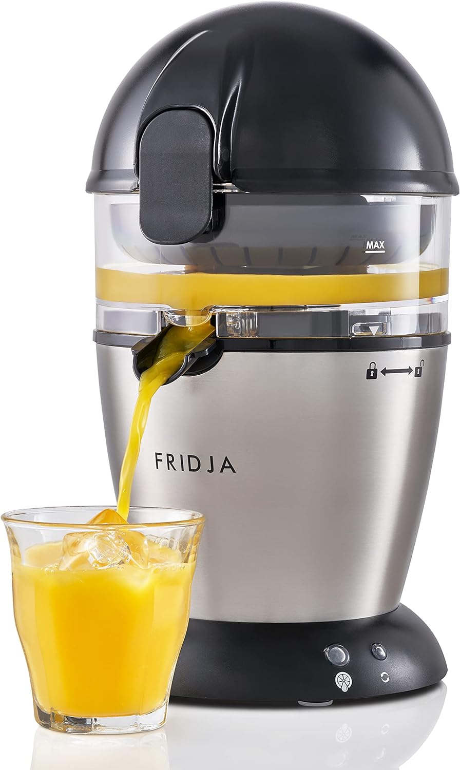 Automatic Citrus Juicer (One Button to Operate) No Spills, No Splashes, Easy Clean. Orange and Grapefruit Squeezer for Freshly Pressed Juice, Stainless Steel, 50 W, 400 milliliters, Fridja f900.