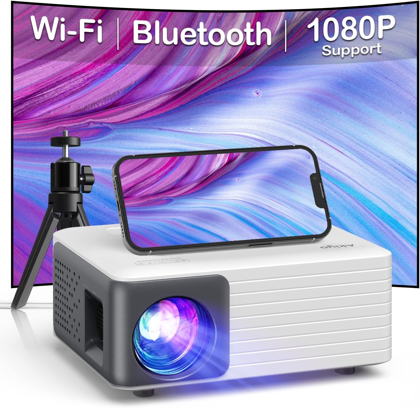 Mini Projector with WiFi Bluetooth, AKIYO Portable Projector Full HD 1080P Support with Tripod, Phone Projector for Home Theater, Video Projector Compatible with iOS/Android/HDMI/USB/Fire Stick/PS5.