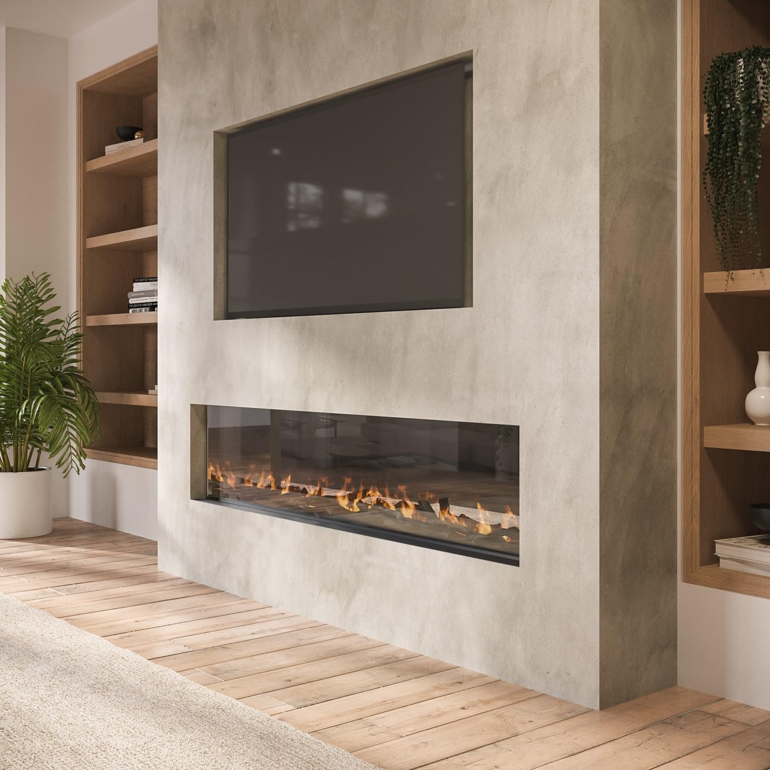 Amberglo 60 Inch Black Inset Electric Media Wall Fireplace with Configurated Front and Side Glass Case.