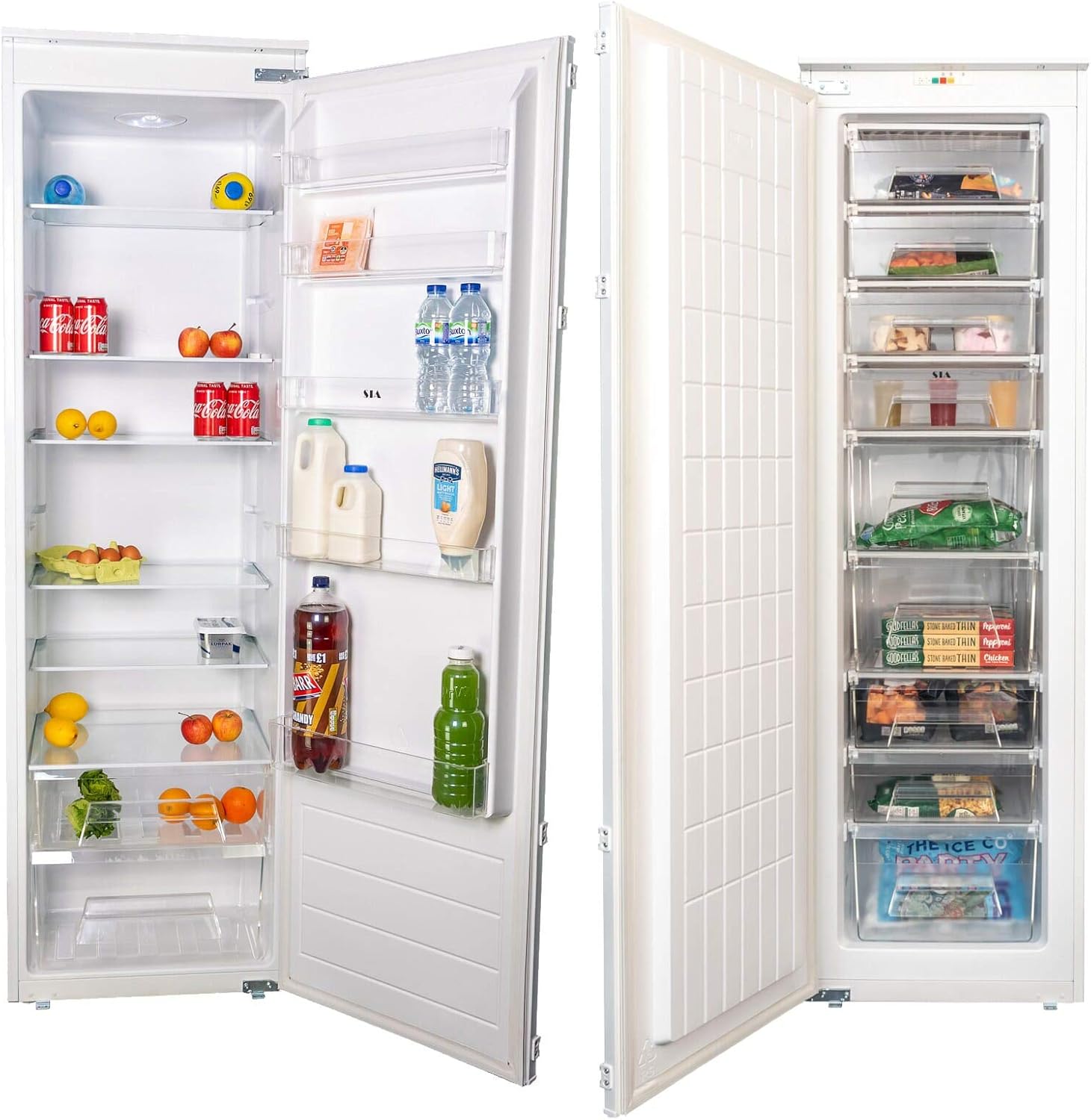 SIA 54cm White Fully Integrated Tall Freezer & Larder Fridge Twin Pack A+ Rating.