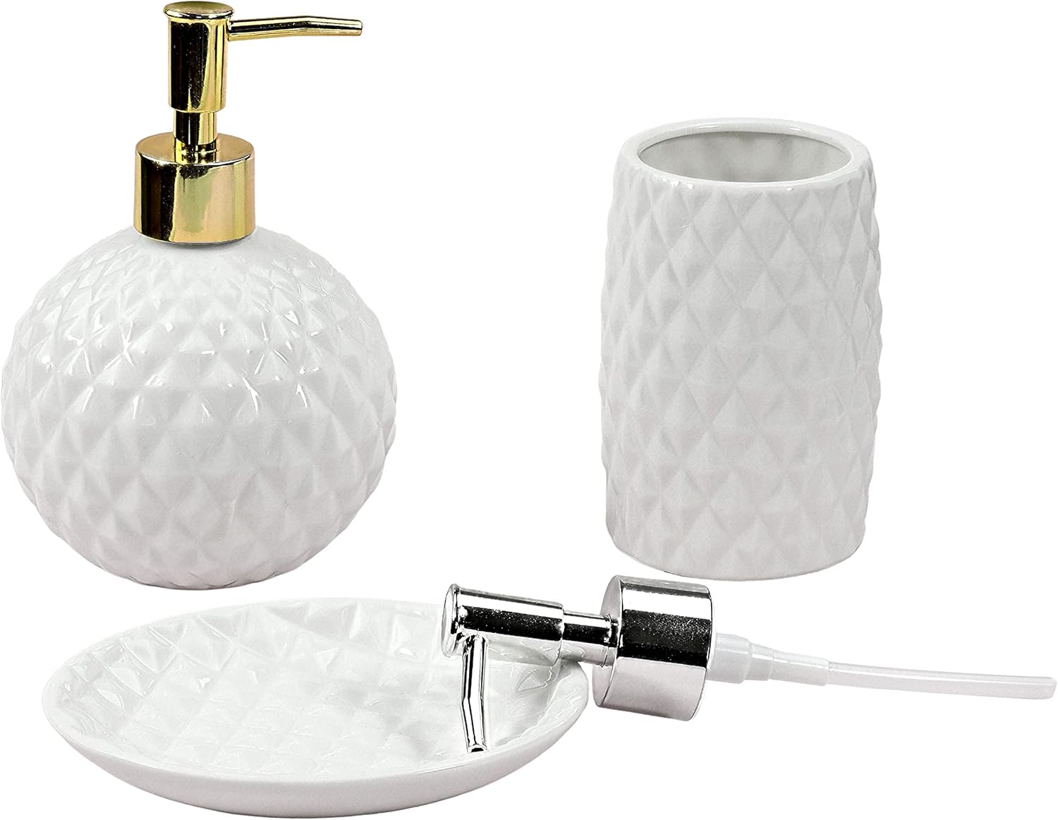 G Decor Designer 3-Piece White, 2 Metal Pumps included, Diamond Cut Ceramic Bath Accessory Set, Includes Liquid Soap or Lotion Dispenser, Toothbrush Holder or Tumbler, Soap Dish.