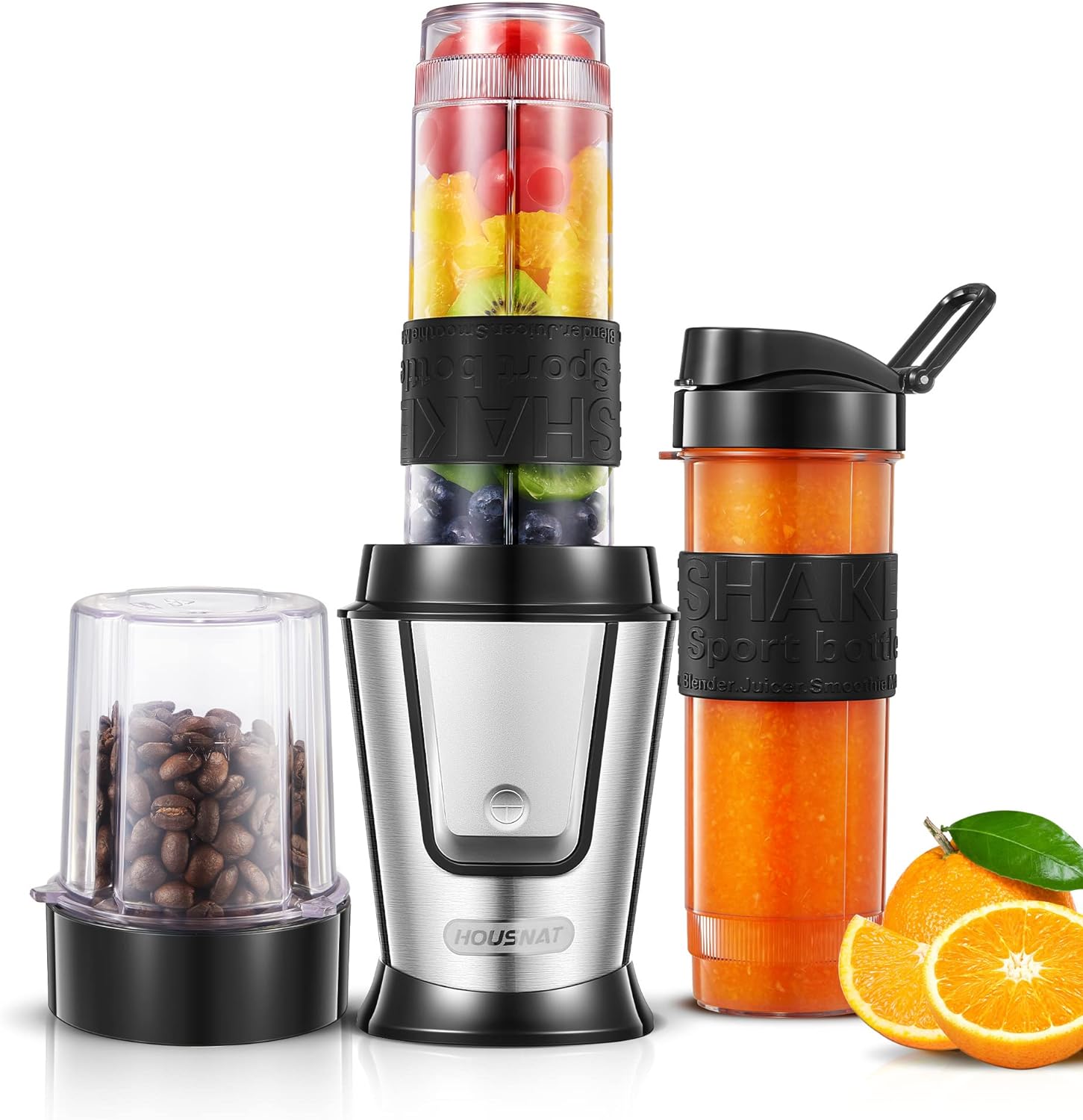 HOUSNAT Blender Smoothie Makers 3 in 1, Personal Blender Mixer Multifunctional with 280ml Grinder, 2 Portable Bottles for shakes and smoothies, BPA Free, 10s Quick Mix, 500W.