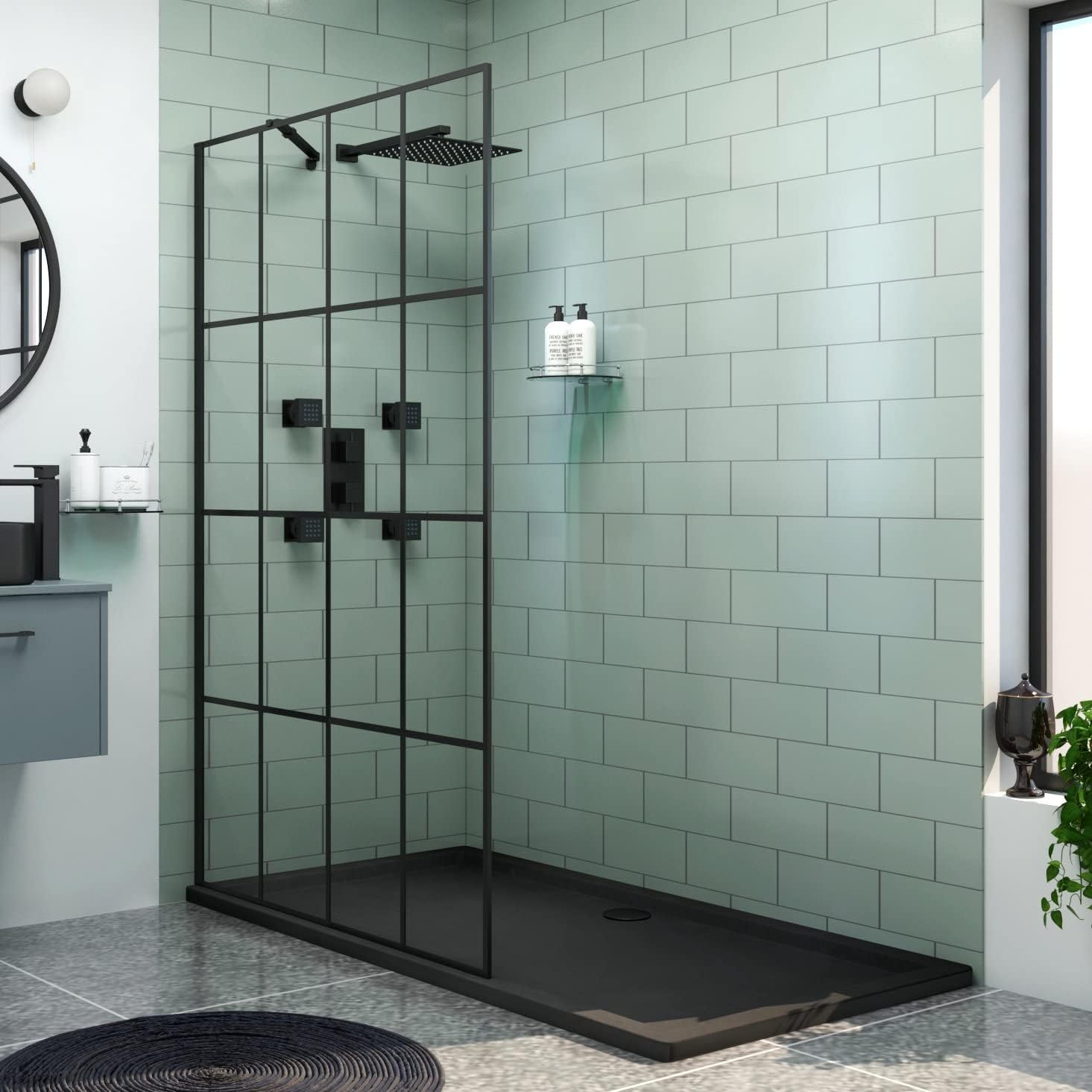 Modern Milan 1200mm Walk in Wetroom Matt Black Grid Screen Easy Clean Glass Shower Enclosure.