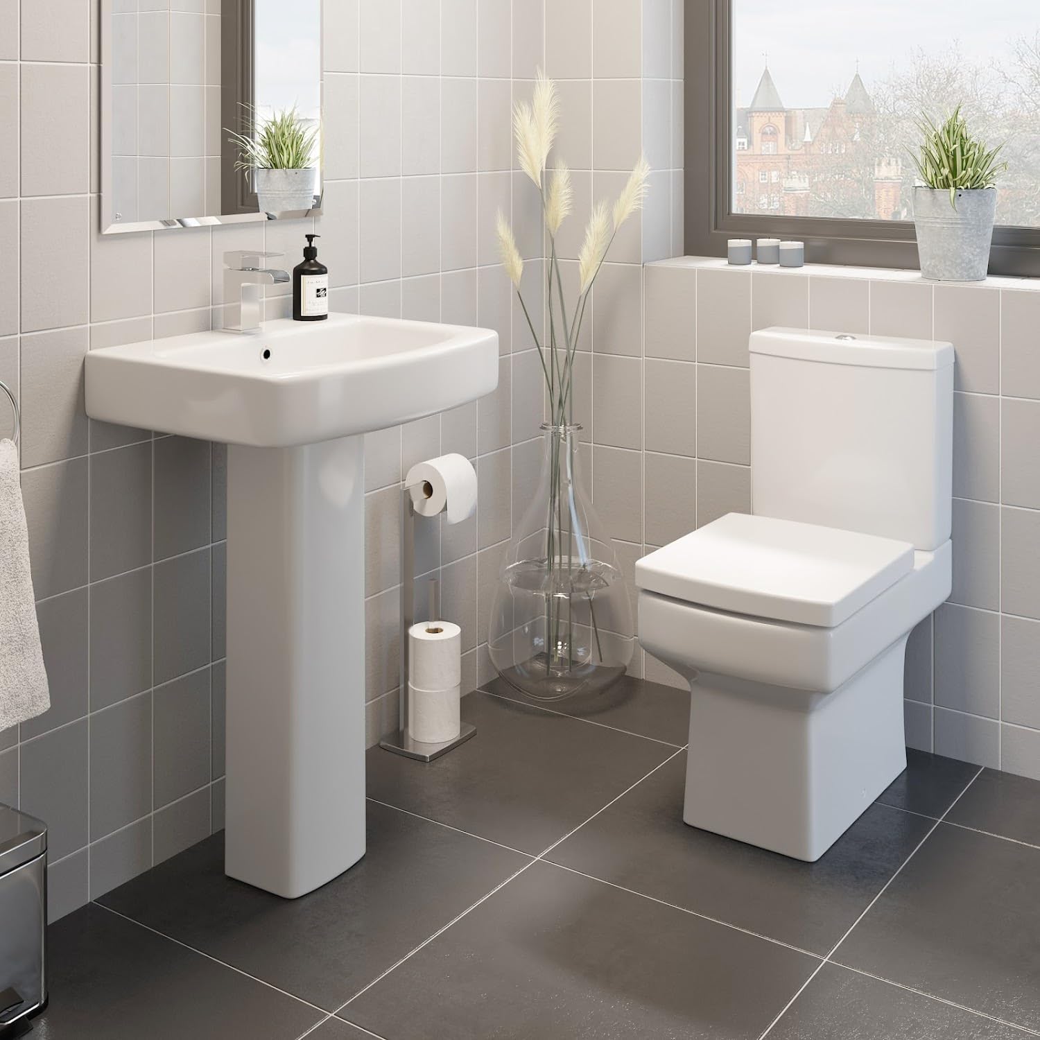 Affine Close Coupled Toilet and Basin Sink Set Bathroom Modern Cloakroom Ceramic Suite.