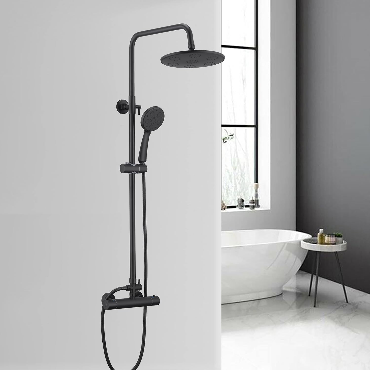 Huiyang Thermostatic Shower Mixer Set Matte Black, 38°C Thermostat Shower System with Rainfall Shower Head, 1 Function Handheld Shower, Anti Scald Shower Mixer Bar Kit, COOL TOUCH.