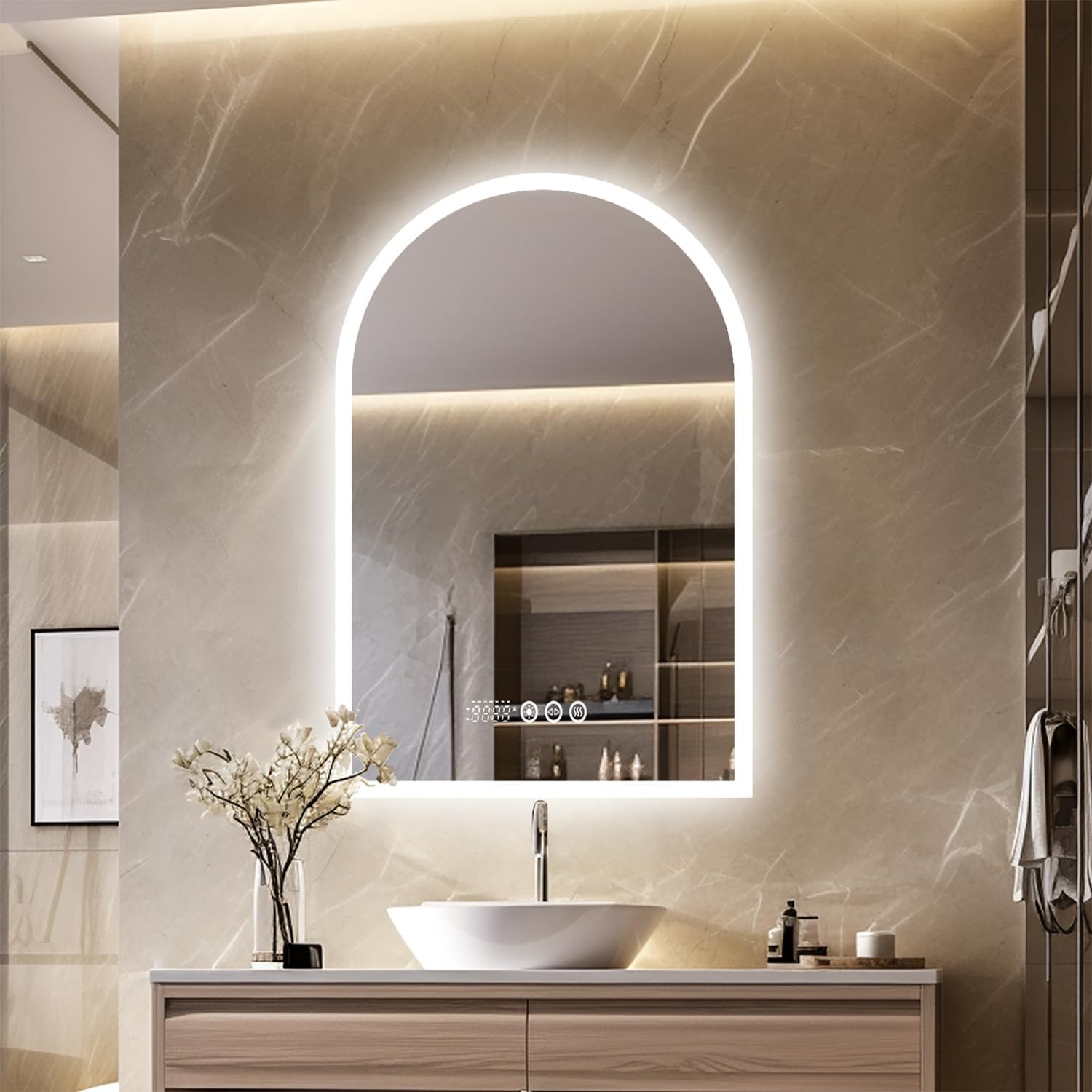 LUVODI Arched Illuminated LED Bathroom Mirror: 600x900mm Dimmable Wall Lighted Vanity Mirror with Time Temperature Dispaly Anti-fog Smart Switch 3 Colours Backlit Makeup Mirror.