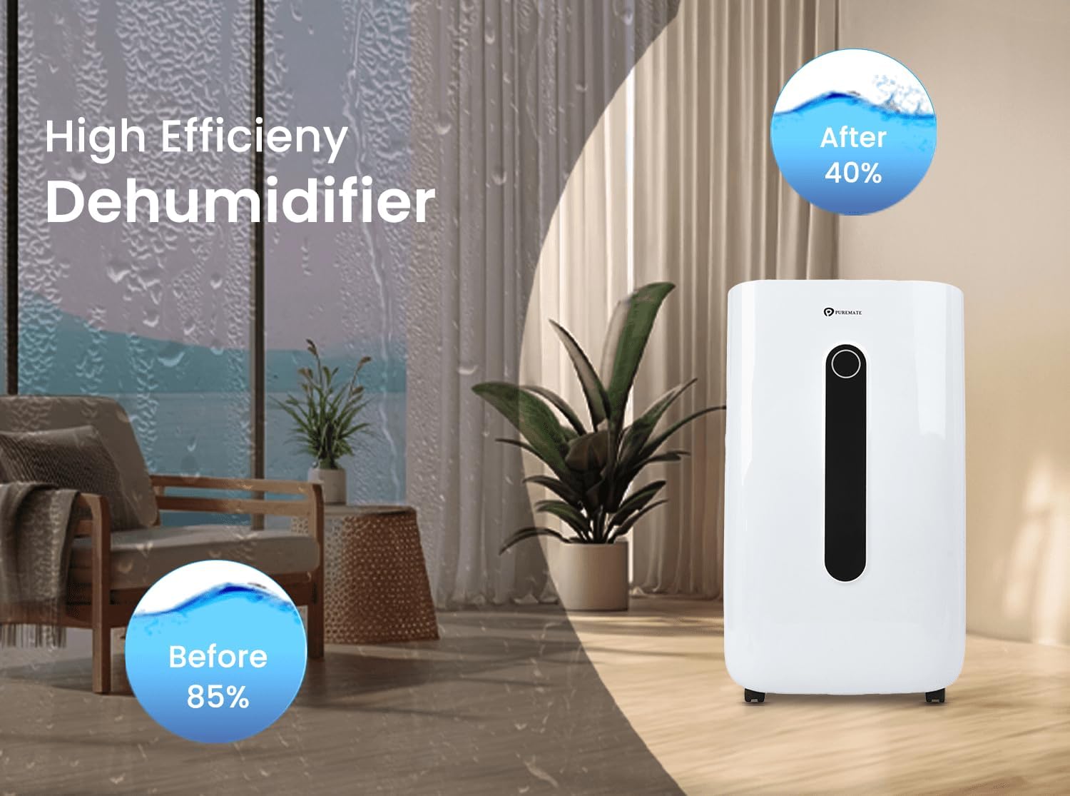 PureMate 20L/Day Portable & Compact Dehumidifier with 6.5 Litre Tank Capacity, Digital Display, Continuous Drainage, Laundry Drying and 24Hr Timer Function.