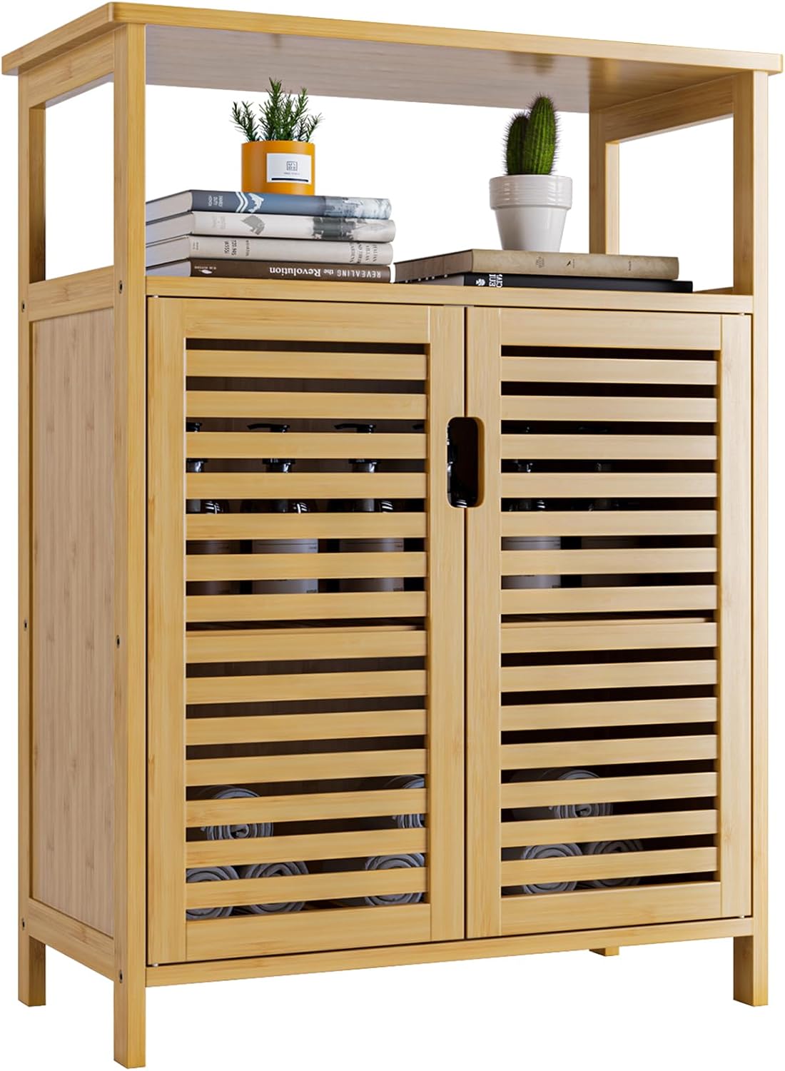 HITNET Bathroom Storage Cabinet, Bamboo Side Storage Organizer with Double Shutter Doors and Shelves, Freestanding Floor Cabinet for Living Room, Kitchen, Entryway, Natural.