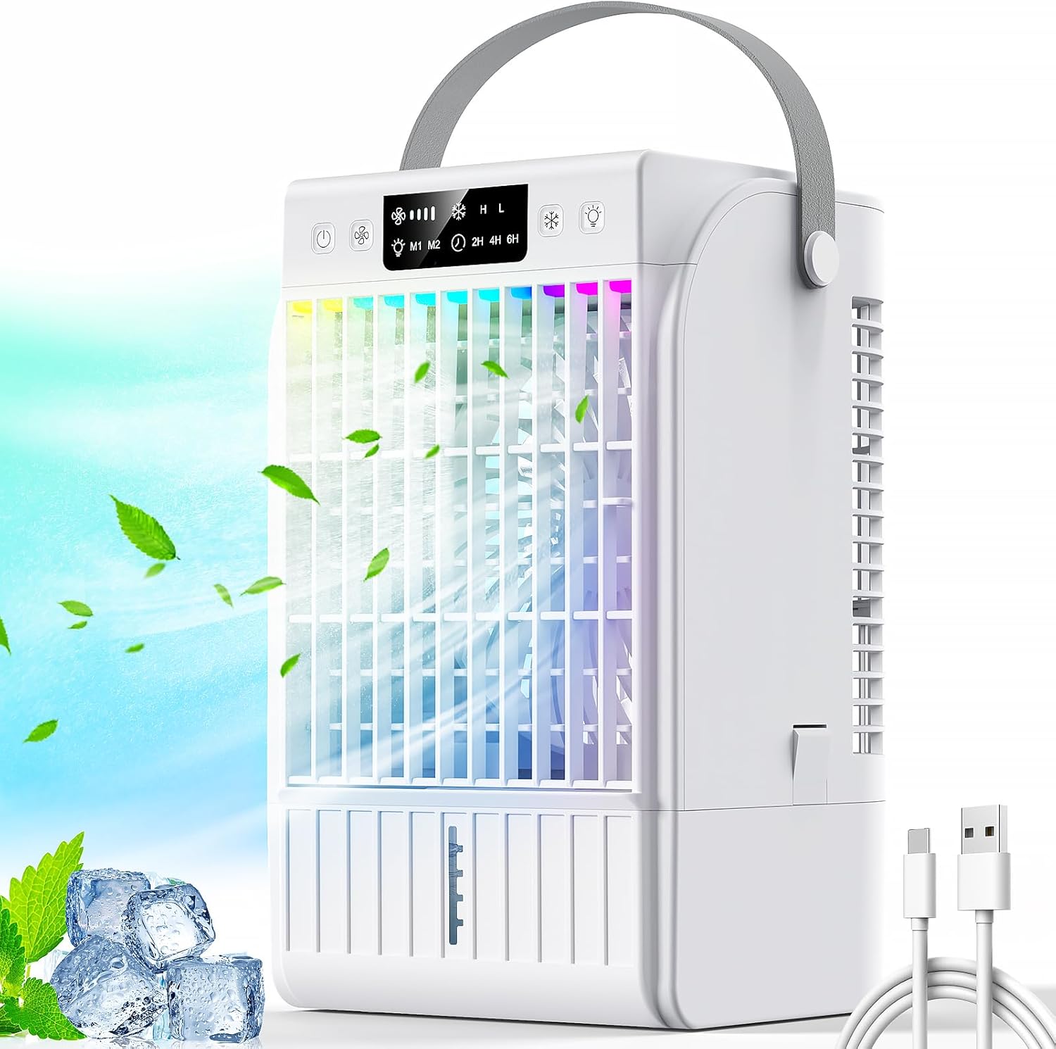 Guong Portable Air Conditioner, 4-in-1 Air Cooler Evaporative, Air Cooling Fan and Humidifier, 4 Speeds Mode 7 Colors LED Quiet Mini Air Conditioner Fan for Home Office.