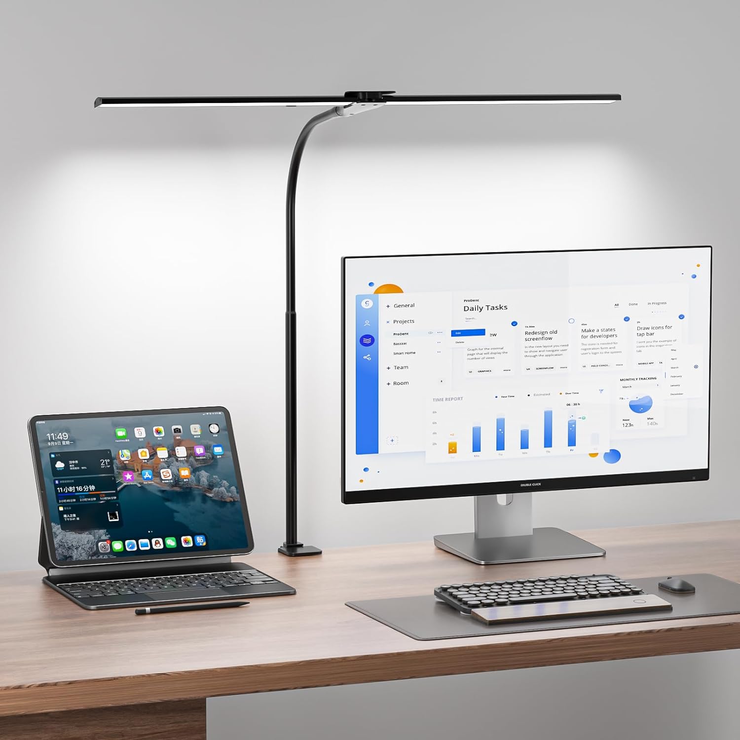 Kintion Led Desk Lamp for Home Office, Flexible Gooseneck Smart Light, 1400 Lumens Dual Headed Desk Lamp with Clamp, 5 Color Temperatures & 5 Brightness Levels, 25“ Super Extra Wide Table Light.