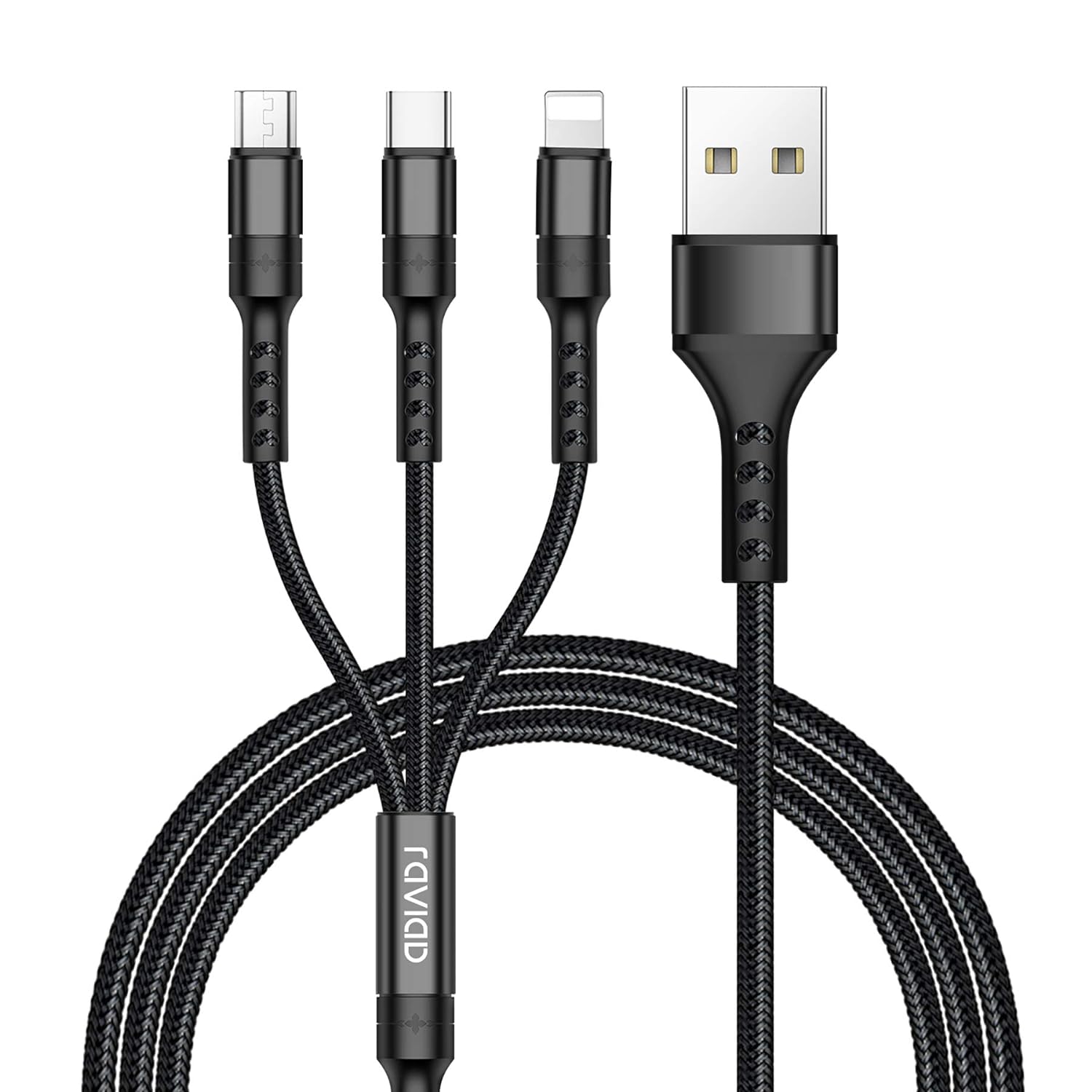 RAVIAD Multi Charger Cable, 3 in 1 Charger Cable 3A USB Fast Charging Cord [1.2M] Multi Charging Cable with Micro USB Type C Lightning Cable Connector for iPhone, Samsung, Huawei, Sony, LG, PS5-Black.