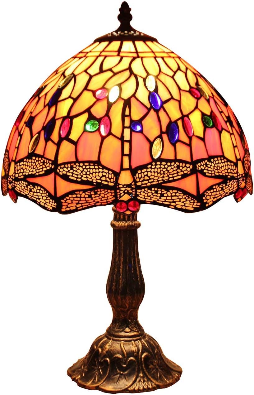 Bieye L30023 Dragonfly Tiffany Style Stained Glass Table Lamp with 12 inches Wide Handmade Lamp Shade Zinc Base for Bedside Bedroom Living Room Coffee Table, 18 inches Tall, Red Orange….