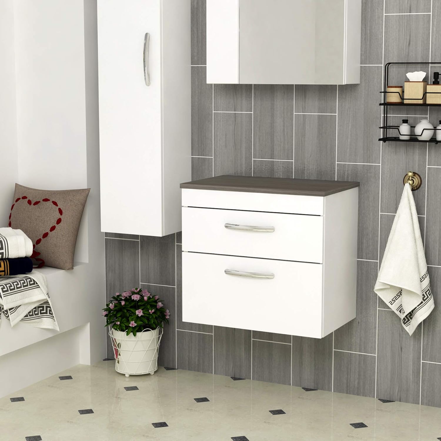 500mm Bathroom Furniture 2 Drawer Wall Hung Worktop Vanity Unit - Gloss White.