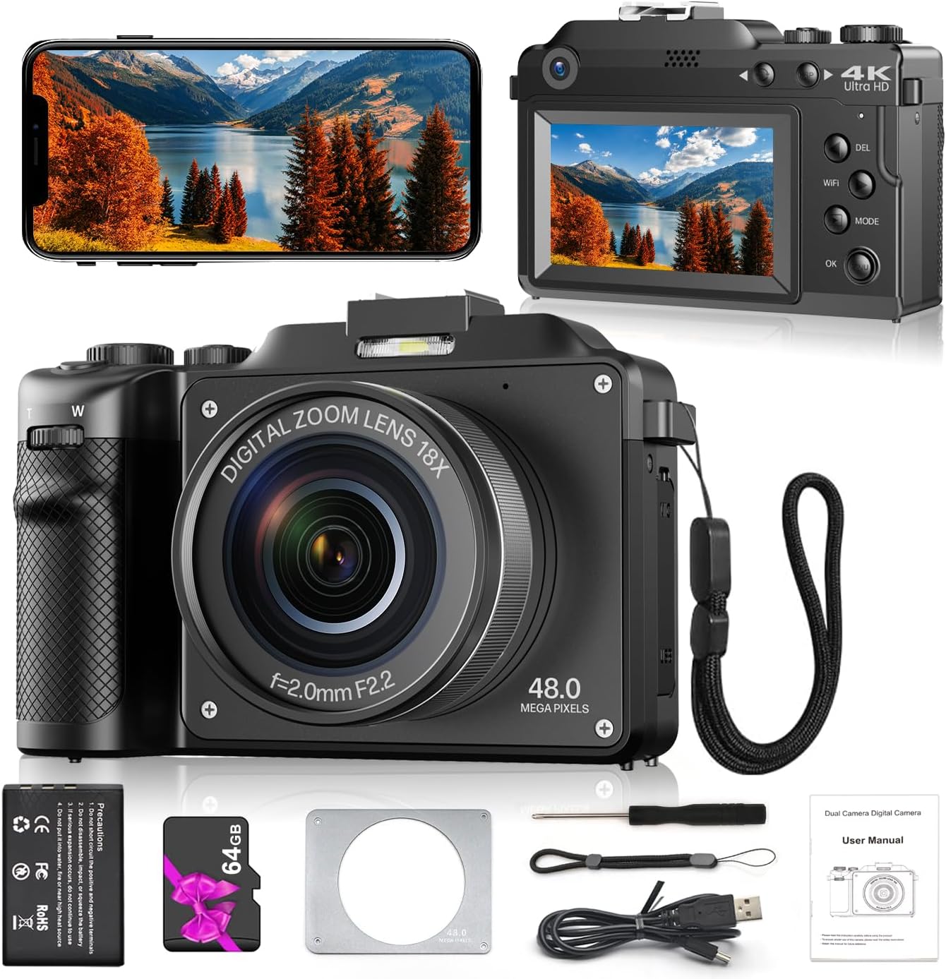 Digitai 4K Compact Camera for Photography, 48MP Vlogging Camera with Wi-Fi and Free 64GB SD Card, 18x Digital Zoom, Dual Lens Selfie Function.