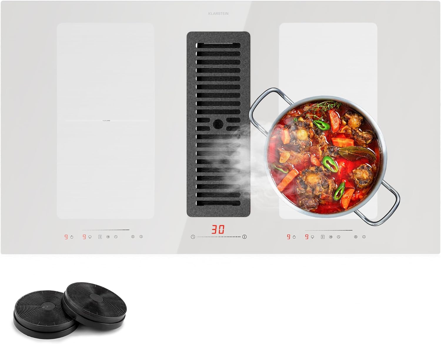 Klarstein 2-in-1 Electric Induction Hob & Kitchen Extractor Fan for Kitchen Islands, Steel Fan 654m³/h Airflow, 4-Zone Induction Cooker Hoods, Touch Control Ceramic Hob, Energy Class A Cooker Hood.