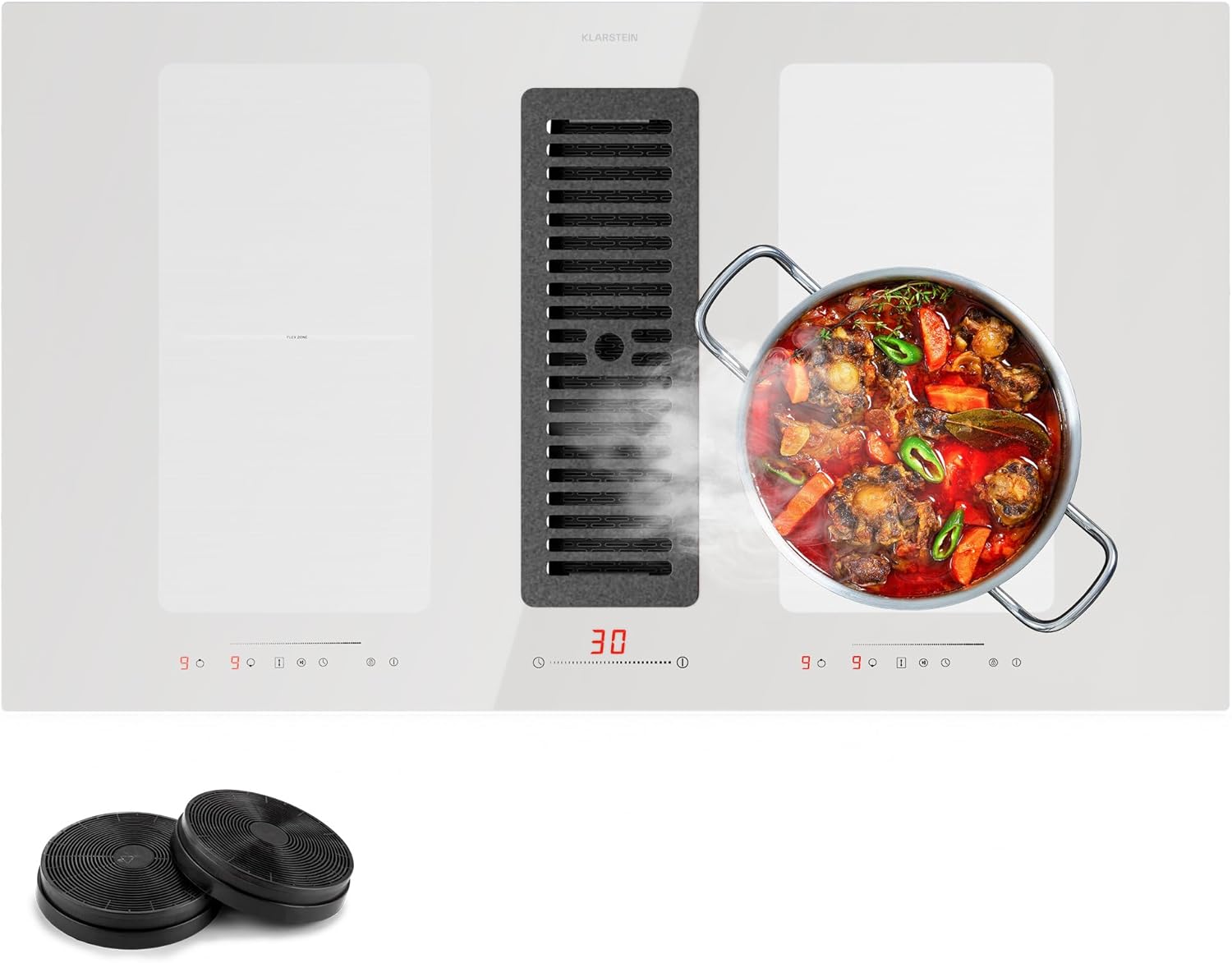 Klarstein 2-in-1 Electric Induction Hob & Kitchen Extractor Fan for Kitchen Islands, Steel Fan 654m³/h Airflow, 4-Zone Induction Cooker Hoods, Touch Control Ceramic Hob, Energy Class A Cooker Hood.