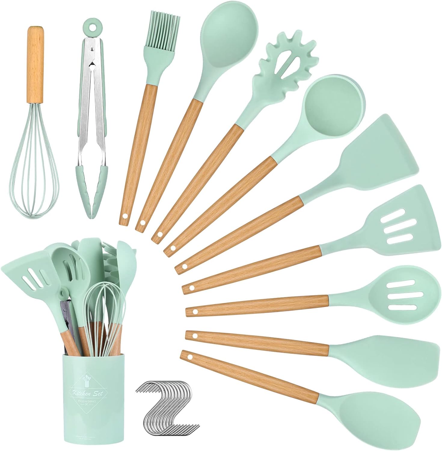 Kitchen Utensil Set - 22 Pcs Silicone Cooking Utensils Heat Resistant Nonstick Kitchen Tools with Hooks, Silicone Kitchen Gadgets with Wooden Handle, Turner Tongs Spatula Spoon Cooking Tools, Green.