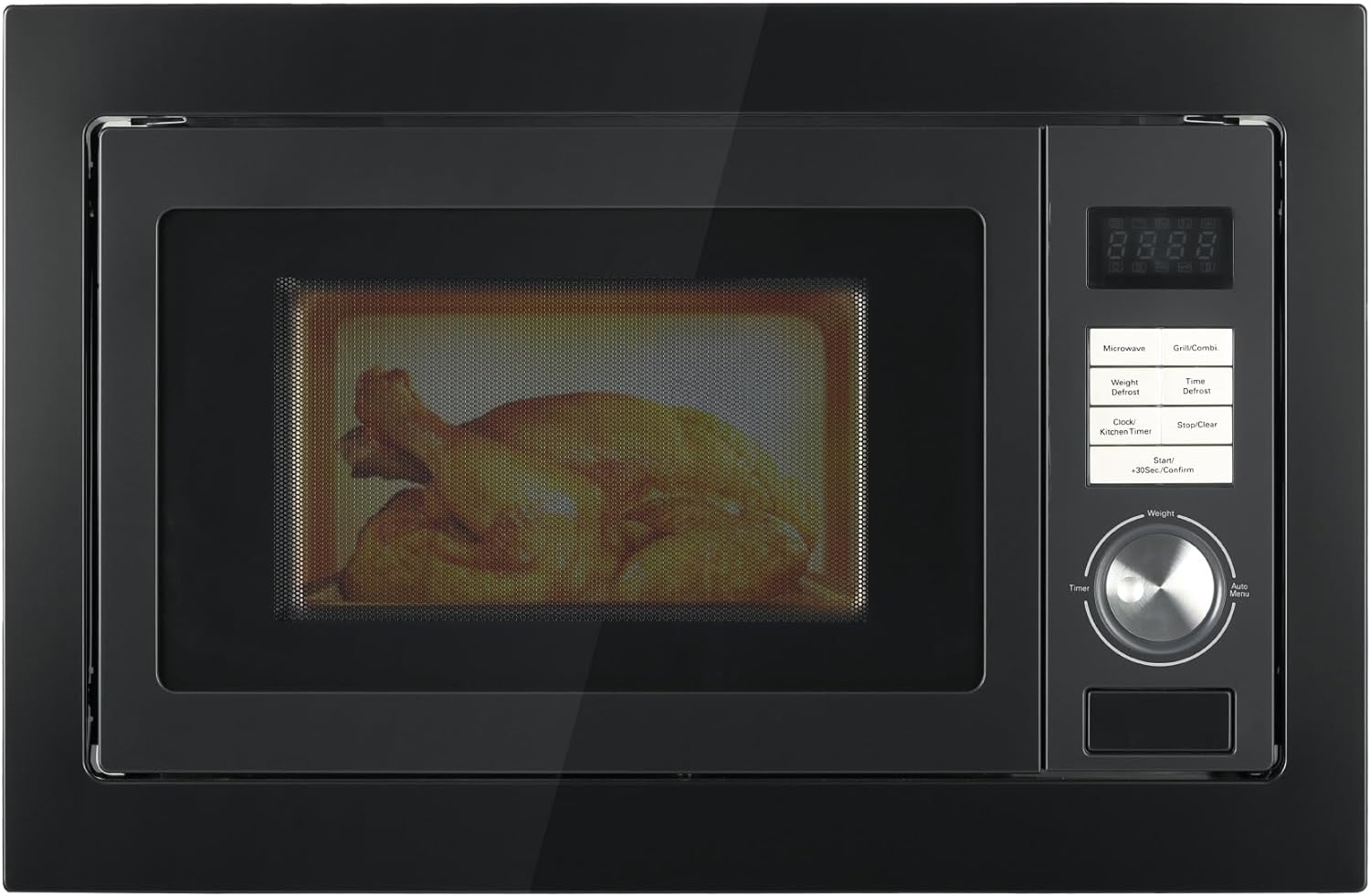 SMETA Built In Microwave Oven 25L, Integrated Microwave Oven, 900W Microwave, 1000W Grill, Frame Included with Auto Defrost, Glass Turntable and 8 Auto Programs - In Stainless Steel.