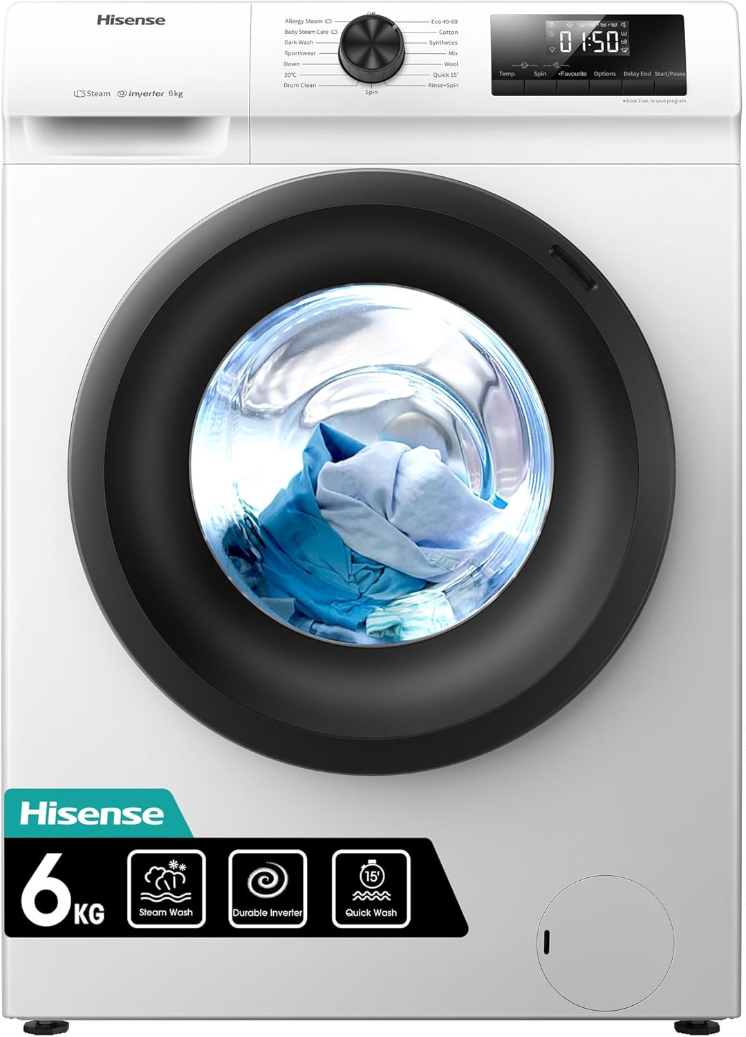 Hisense-WFQP6012EVM-Freestanding-6 KG-Front Load Durable Inverter Washing Machine-Steam Wash-Quick Wash-15 Washing Programs-1200 RPM-White-Energy Rating C.