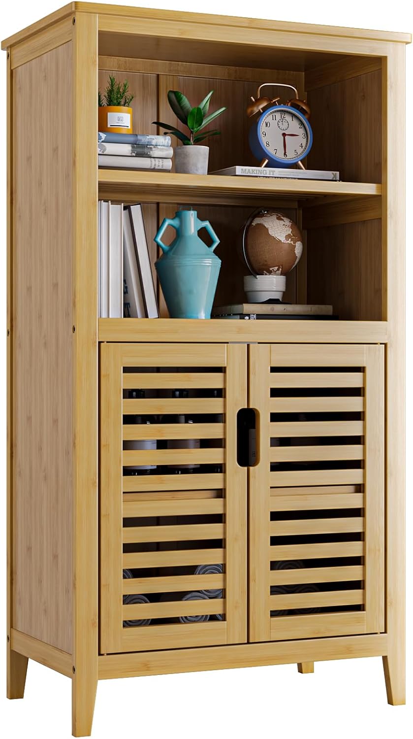 HITNET Bathroom Floor Cabinet, Freestanding Side Storage Organizer Unit with Double Shutter Doors and Movable Shelves, Bamboo Kitchen Cupboard, Natural.