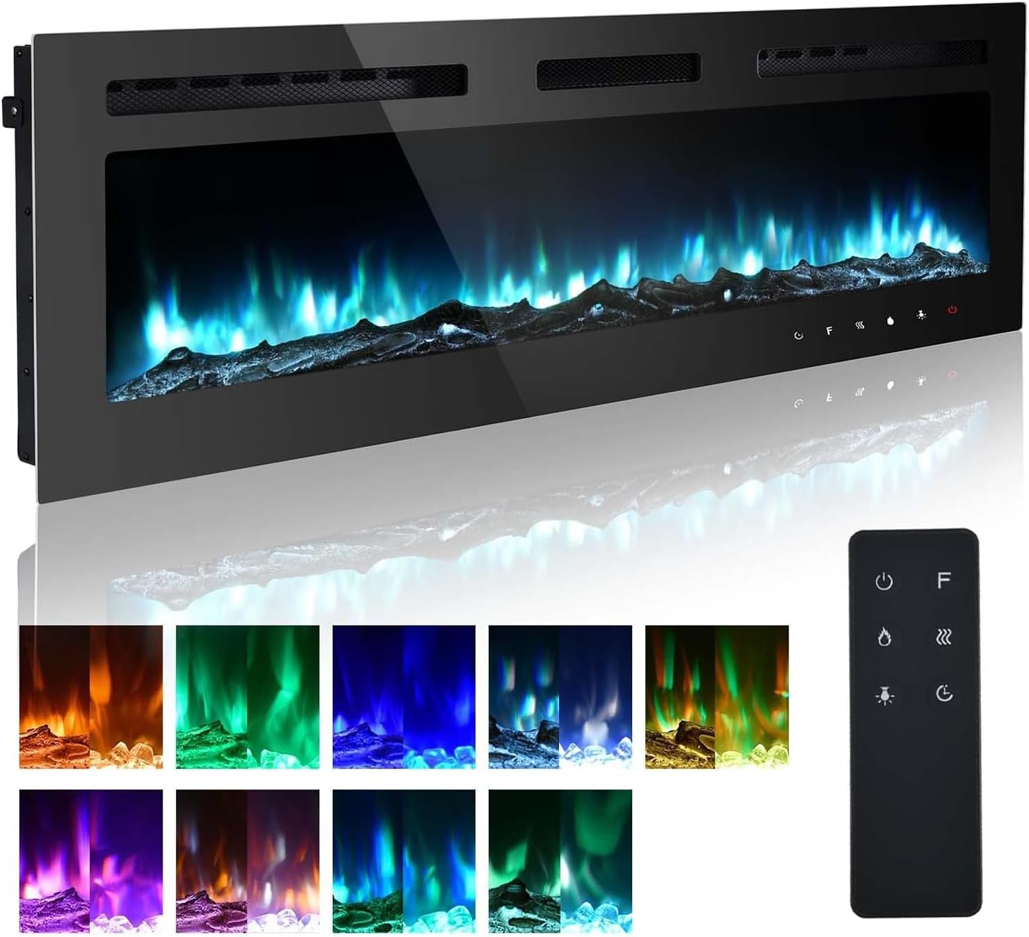 M.C.Haus Ultra-Thin Electric Fireplace Low Noise, 12 Variable & Breath Colors Flame, Recessed Wall Mounted Free Standing, Touch Screen & Remote Control, Crystal & Log Set(76cm/30inch).