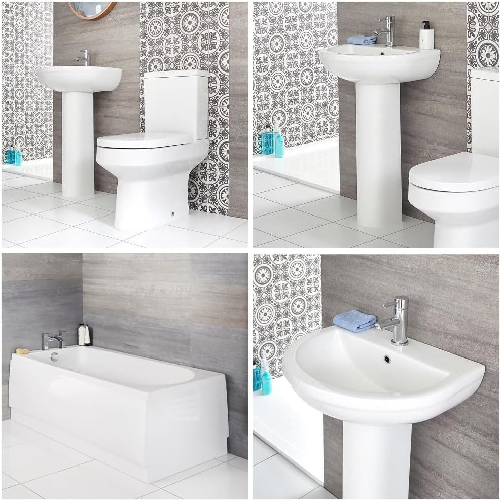 Milano Ballam - White Modern Straight Bath, Close Couple Toilet WC and Full Pedestal 1 Tap Hole Bathroom Basin Sink.