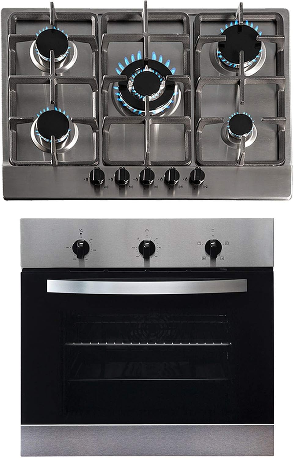 SIA 60cm Stainless Steel Single Electric True Fan Oven And 70cm 5 Burner Gas Hob.