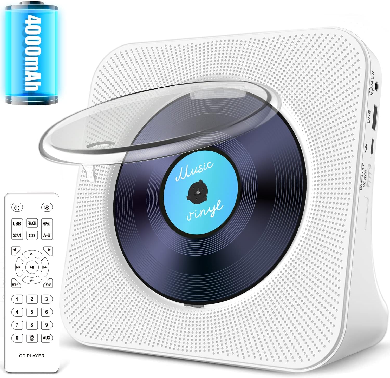 4000mAh Rechargeable CD Player with Bluetooth: Portable CD Music Player with HiFi Speaker,Remote Control,LCD Display,Sleep Timer, FM Radio,Headphone Jack, Supports U-Disk/AUX for Home Kpop Lover.