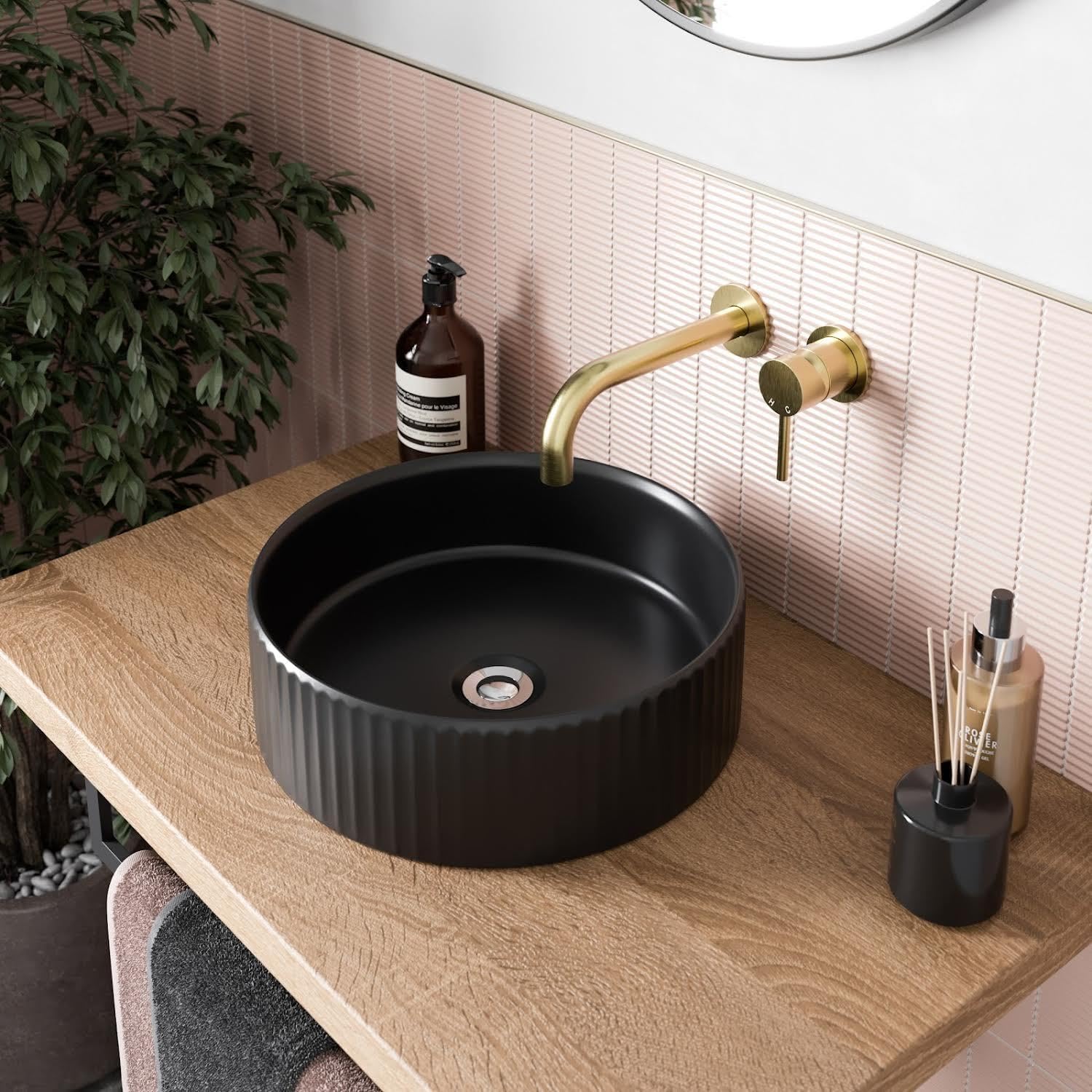 BAYSTONE® Fluted Countertop Basin for Bathroom and Cloakroom Hand Wash Basins Sink Modern Matt Black Round, 360 x 360mm.