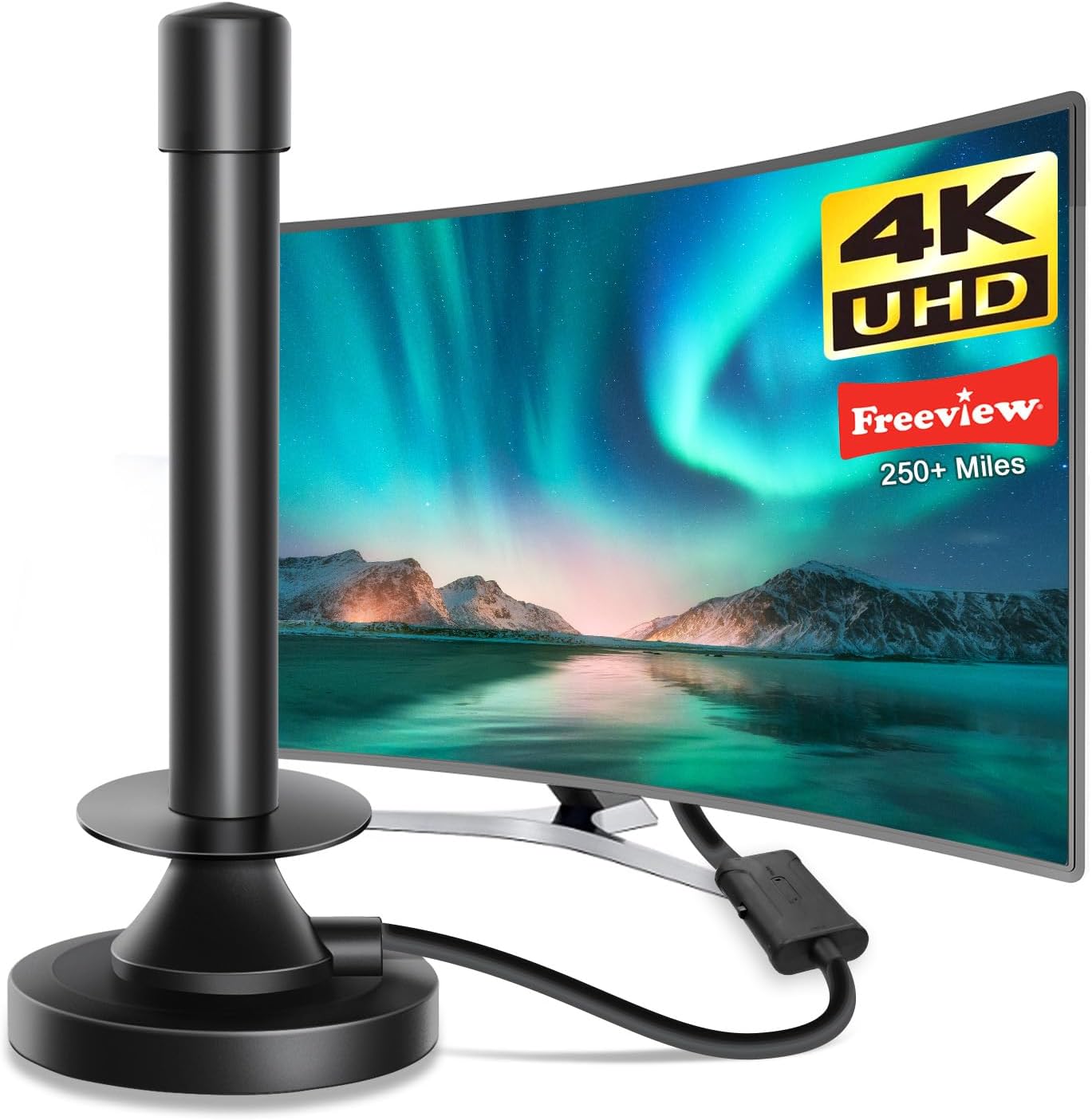 Fivglrig Indoor TV Aerial - Digital TV Aerial Indoor for Freeview TV, 360° & 250+ Miles Long Range Reception & Strong Magnetic Base for HDTV Channels.