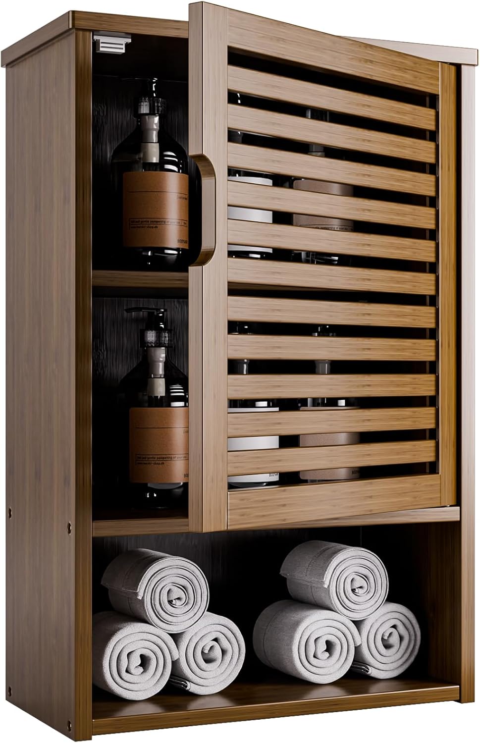 HITNET Bathroom Wall Cabinet, Medicine Cabinet Over the Toilet, Bamboo Hanging Storage Organizer with Single Door and Open Bottom Shelf, for Kitchen Living Room, Natural.