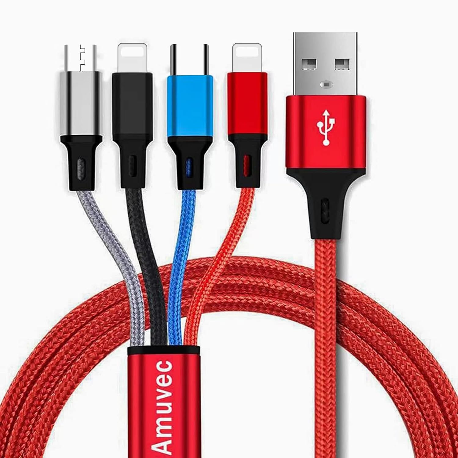 Multi Charger Cable, Amuvec 4 in 1 3A USB Fast Charging Cord Nylon Braided with 2iP Type C Micro USB Connector, for iPhone, Samsung Galaxy S22 S20 S10 S9 Plus, Huawei, Sony, Moto, Xiaomi, LG, PS5-1.2M.