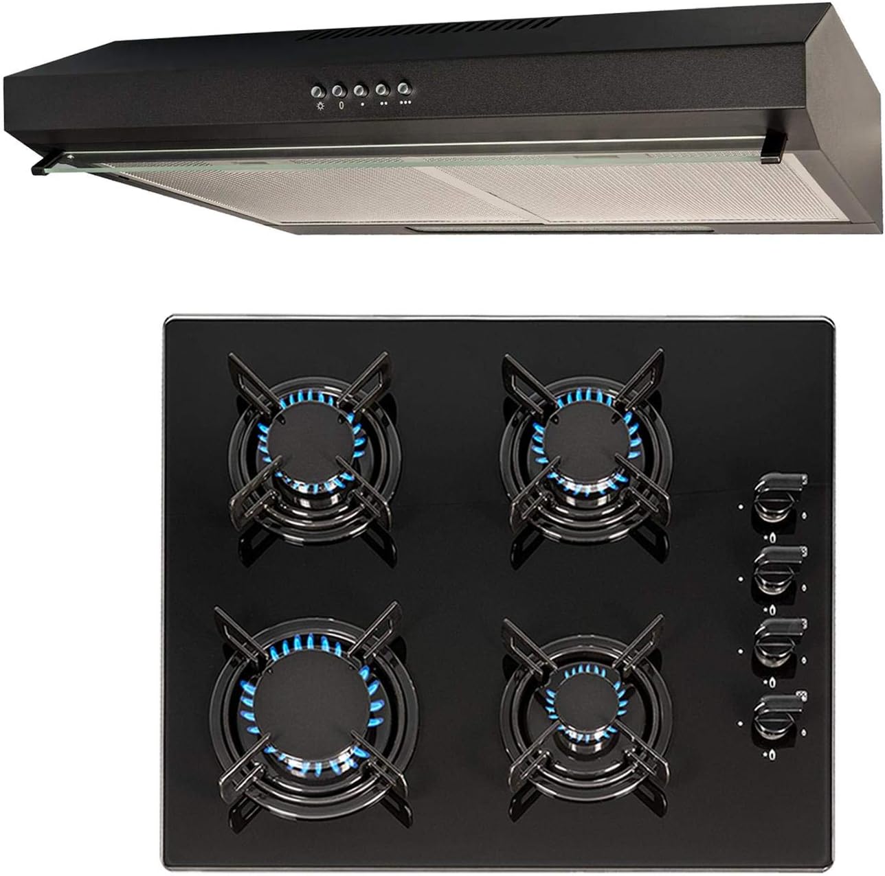 SIA 60cm 4 Burner Black Gas On Glass Hob And Slimline Visor Cooker Hood Fan.